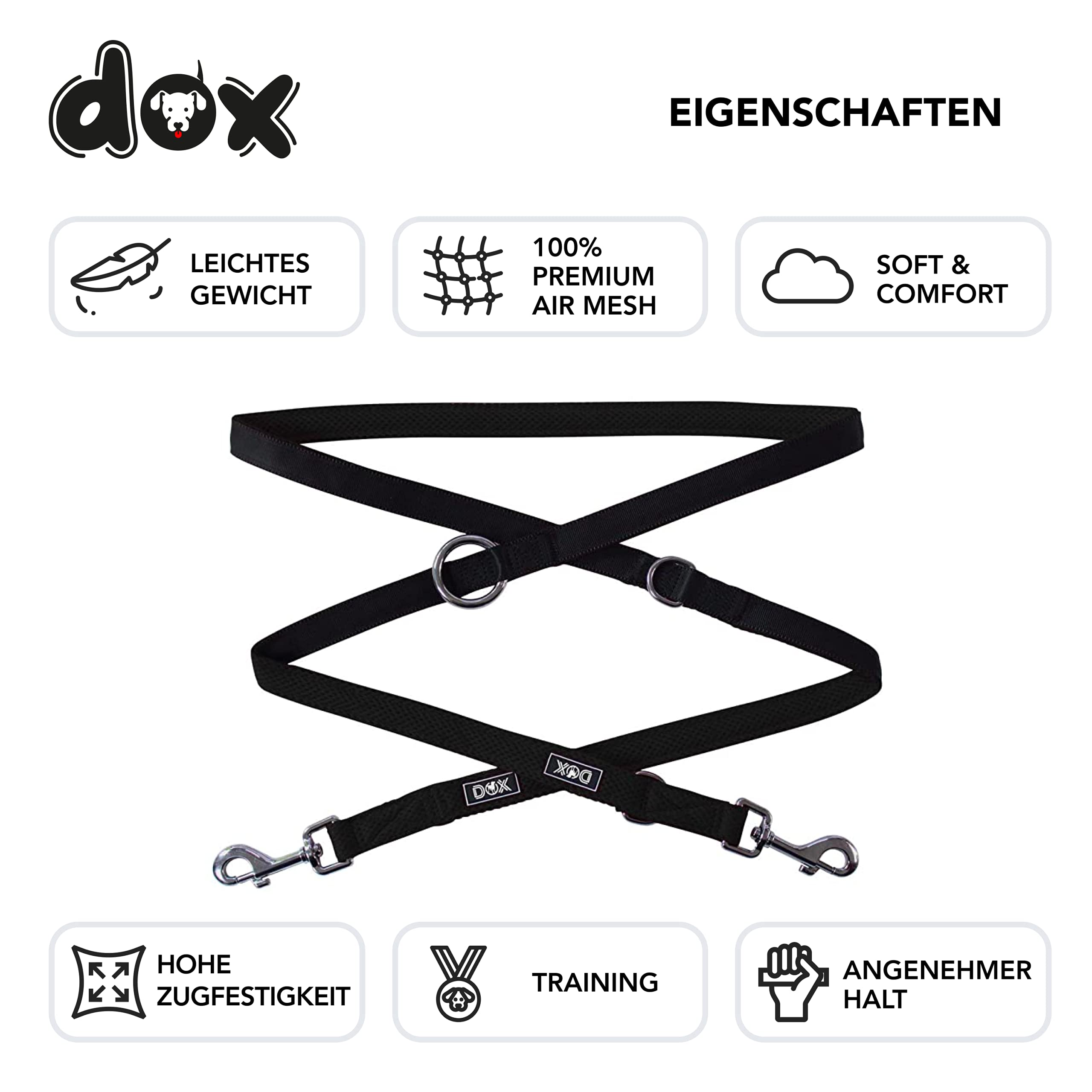 Ddoxx Dog Lead Air Mesh, Adjustable 3 Length, 2M | Many Colors & Sizes | For Small, Medium & Large Dogs | Leash Training Running Long Short Strong Double Ended Cat Puppy Pet Kitten | Black, Xs