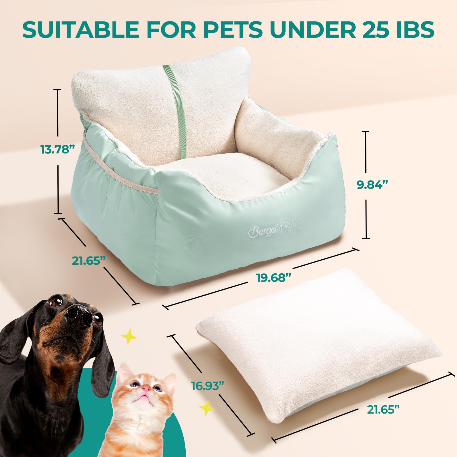 Burgeonnest Dog Car Seat For Small Dogs, Fully Detachable And Washable Cat Carseats Under 25 Lbs, Soft Pet Booster Seats With Storage Pockets And Clip-On Leash Portable Car Travel Carrier Bed, Blue