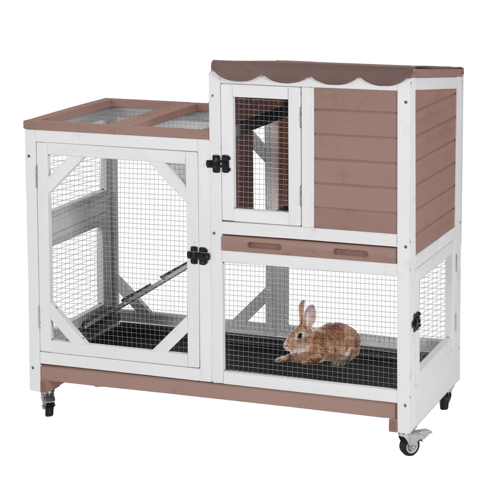 Gutinneen 2-Story Rabbit Hutch with Chew-Proof Ramp & Leak-Proof Trays - Indoor/Outdoor 39.3 '' Wooden Rabbit Cage with Wheels f