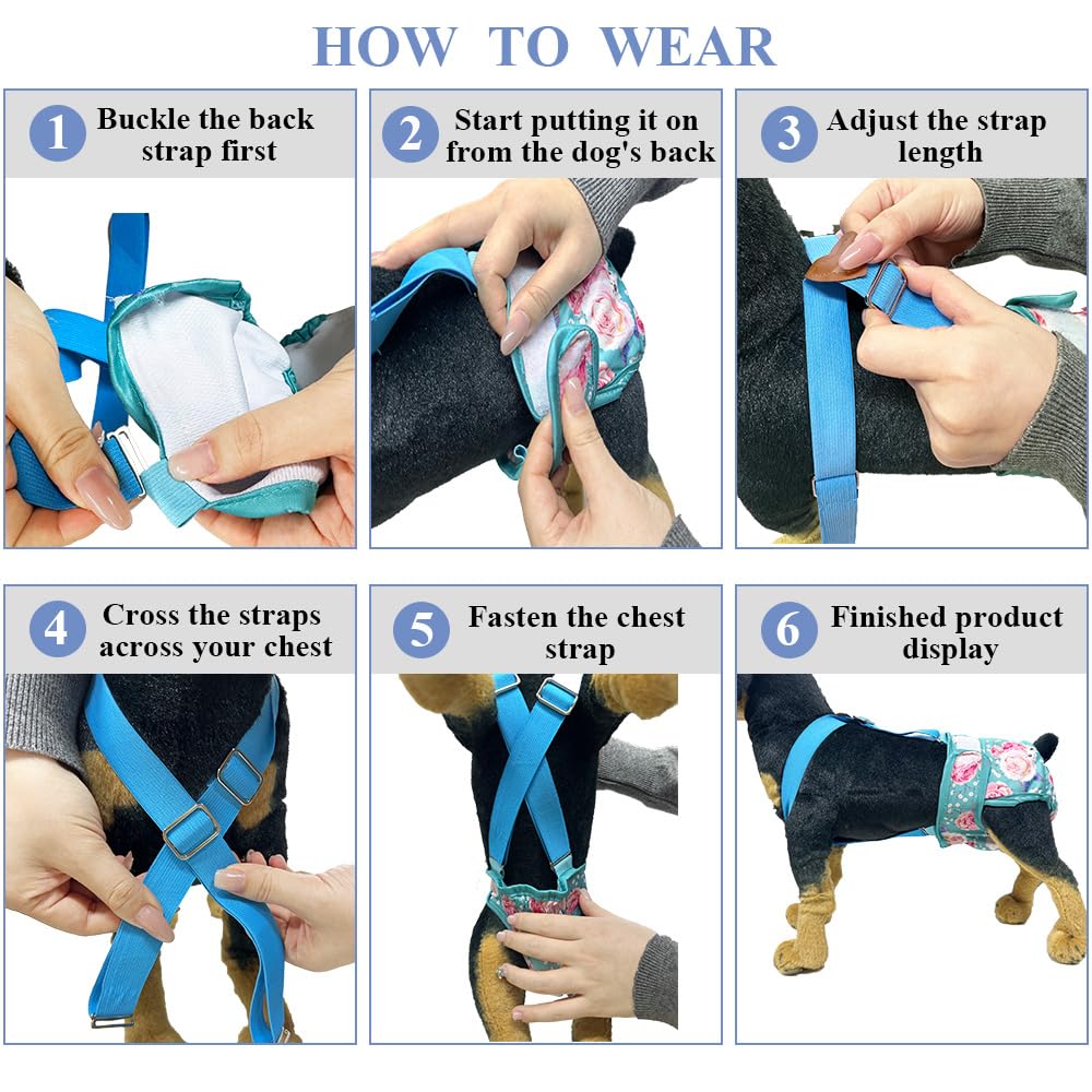 3 Pack Washable Female Dog Diaper With Suspender,Reusable Fixed Doggie Diapers Super Absorbent Leakproof For Small Medium Large