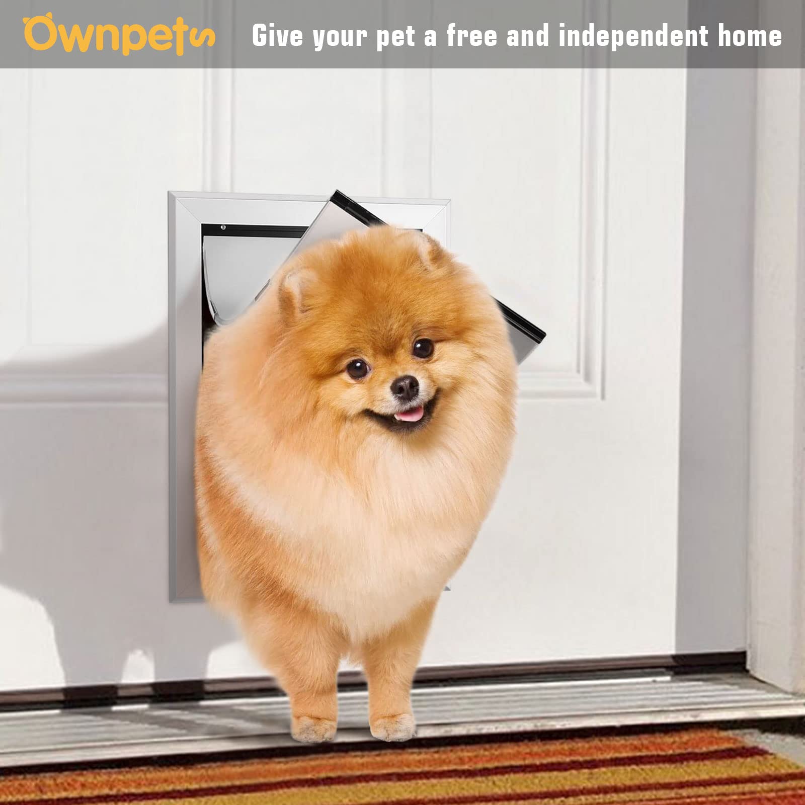 Ownpets Aluminum Dog Door - Lockable Magnetic Flap Pet Door for Small Dogs & Cats, Silver, Model PET0087S
