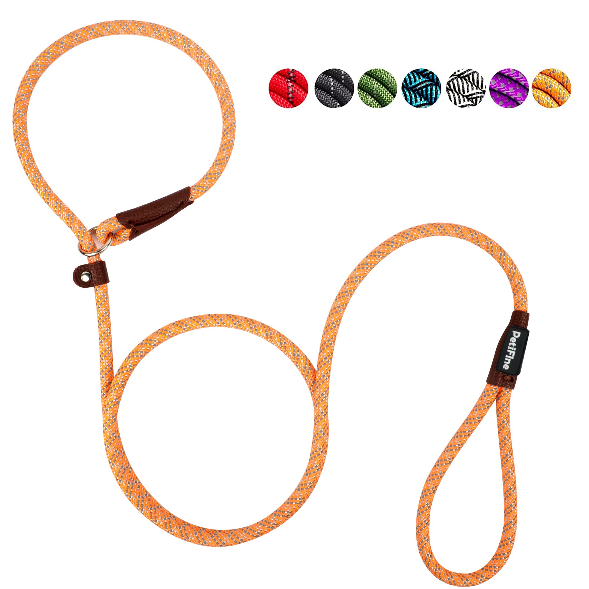 Petifine 6 Ft Slip Lead Dog Leash, Full Reflective Dog Training Leash, Heavy Duty Adjustable Pet Nylon Slip Rope Lead For Small Medium Large Dogs (3/8' X 6 Ft, Orange)
