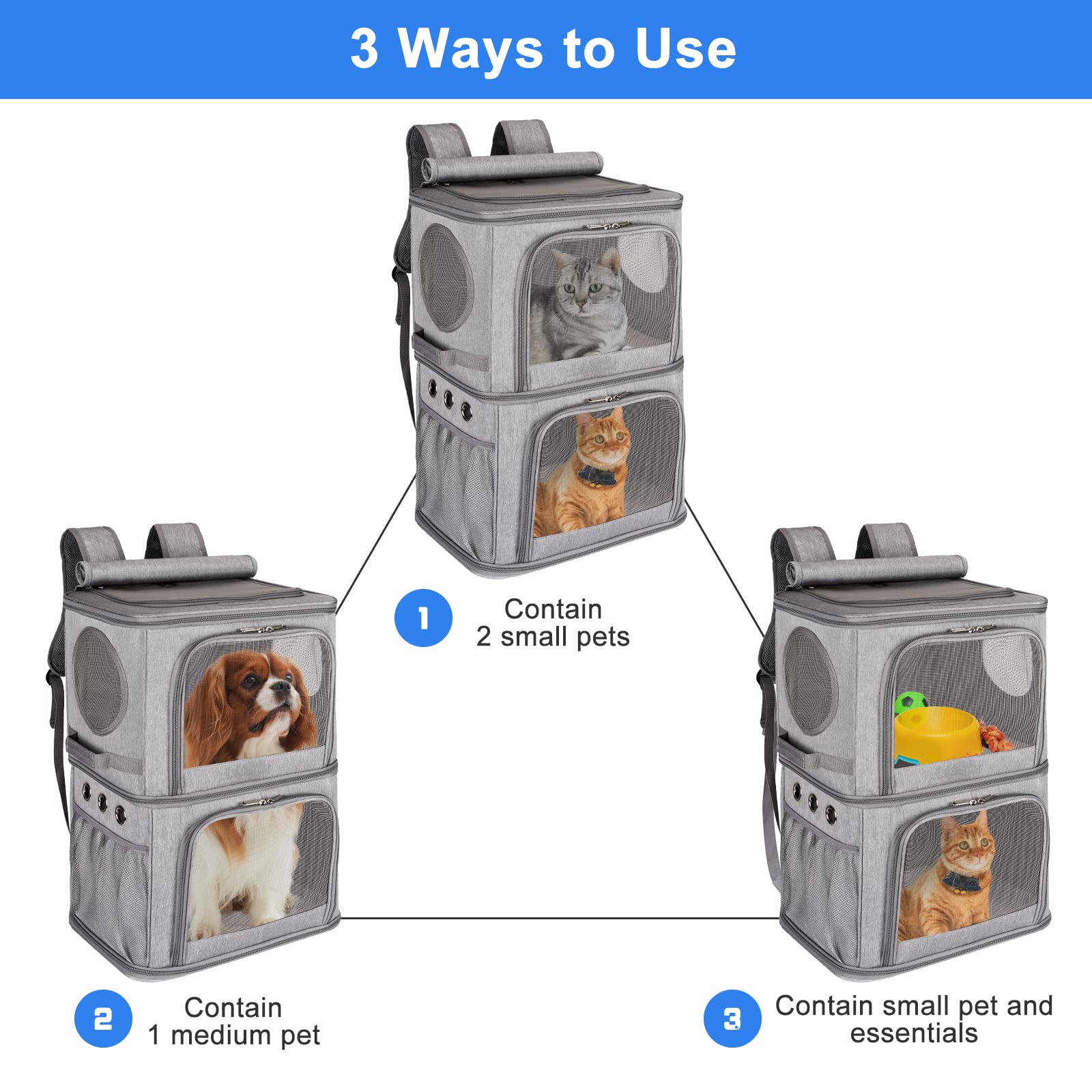 Voistino 2-In-1 Extra Large Double Pet Carrier Backpack For Small Cats And Dogs, Portable Pet Travel Carrier, Super Ventilated Design, Ideal For Traveling/Hiking/Camping, Xl