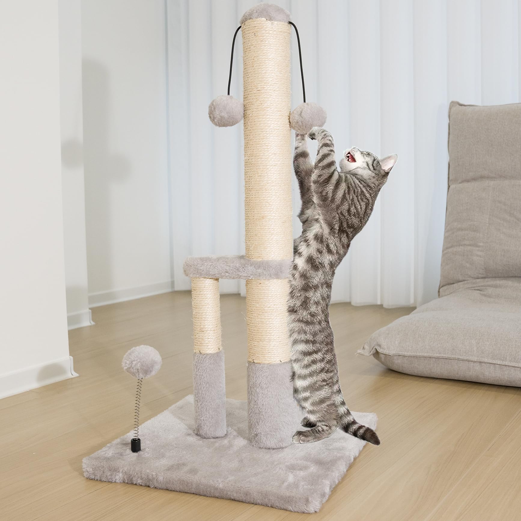 Dimaka Tall Cat Scratching Post, Double Lower Posts Extra Stable Cat Post Tree Scratcher With Sisal Rope And Teasing Balls, 4 Ba