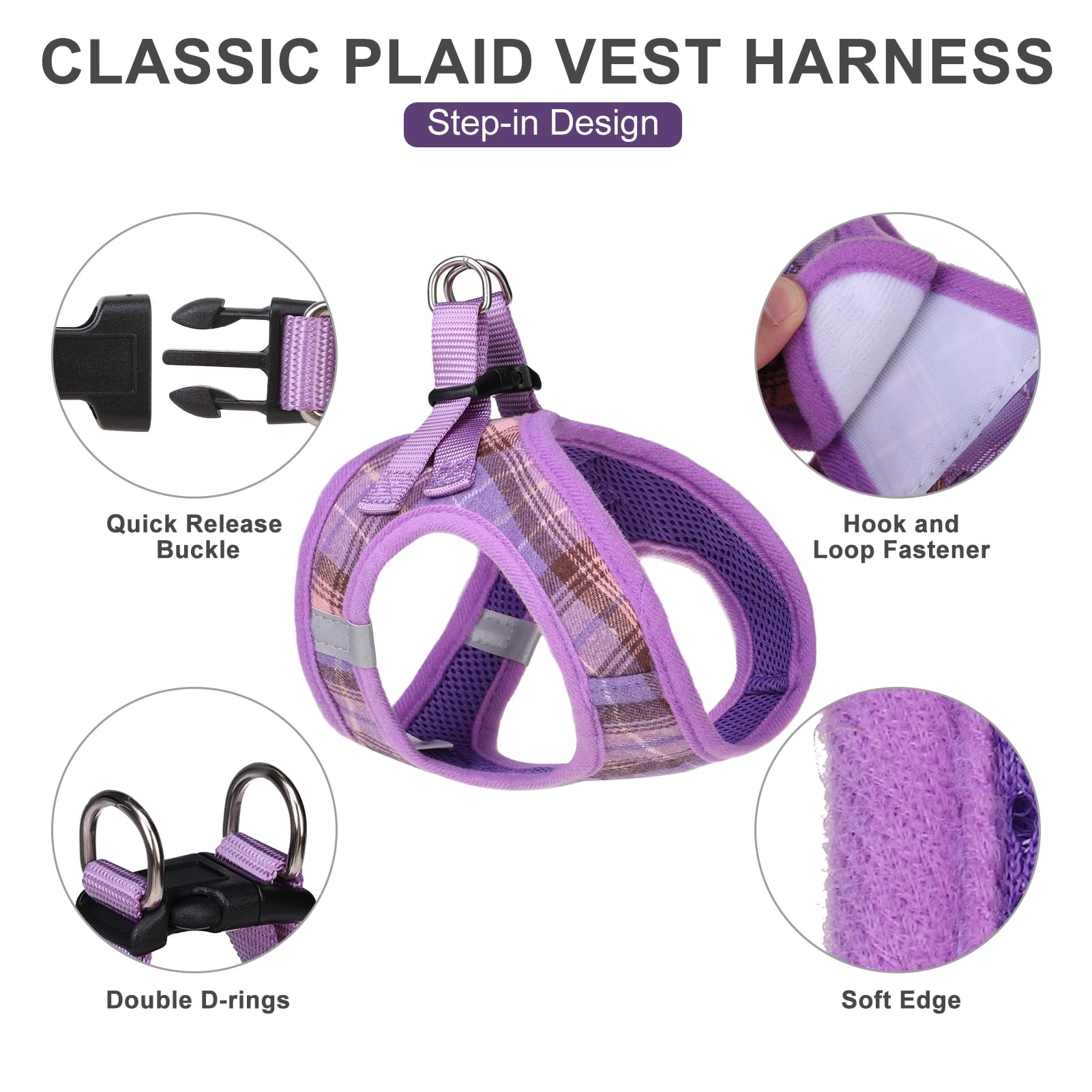 Expawlorer Classic Plaid Puppy Harness - Small Dog Harness And Leash Set - Dog Collar And Leash Set With Airtag Holder, Soft Padded Step In Dog Vest Harness No Pull Reflective For Outdoor, Purple S