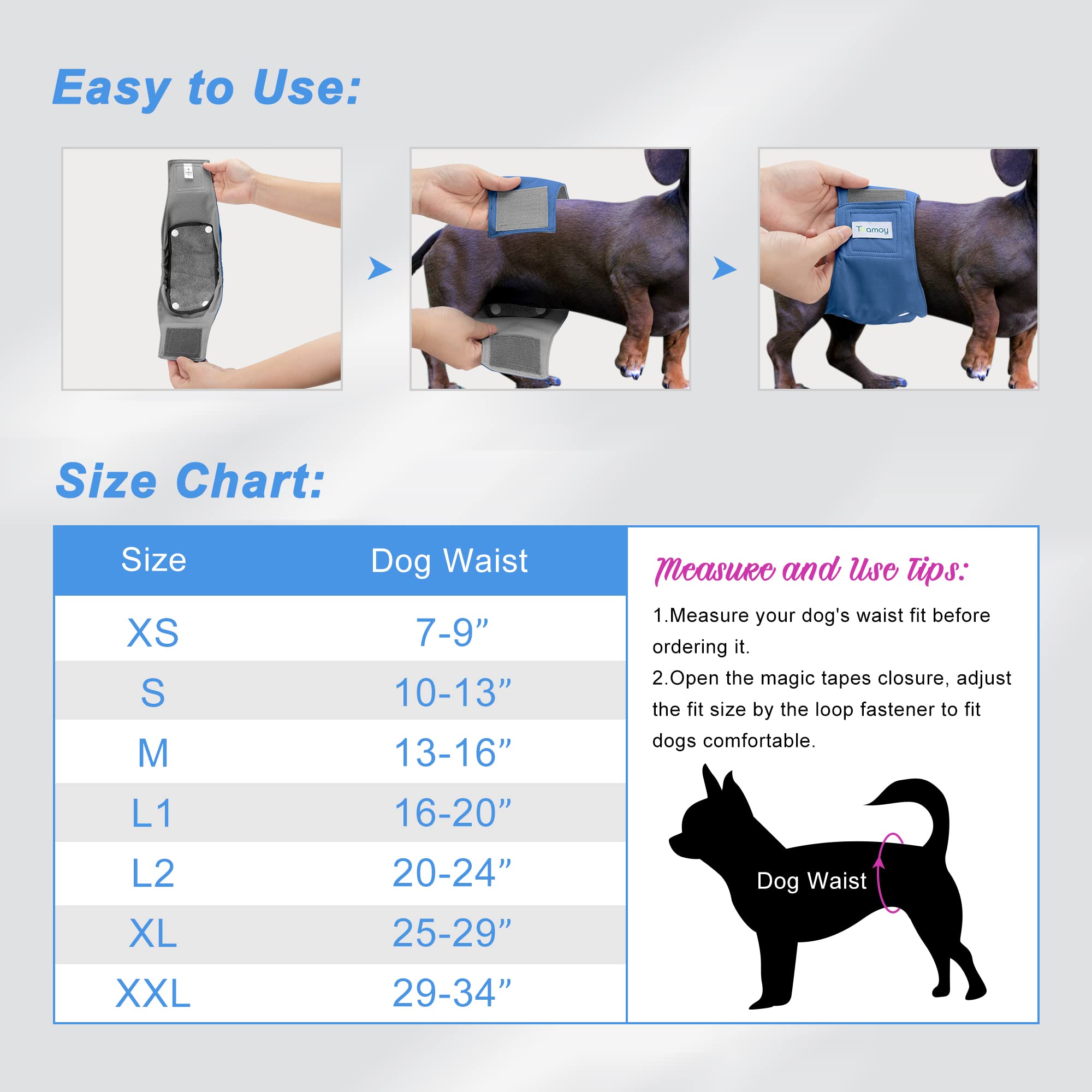 Teamoy Belly Bands For Male Dogs With Removable Pads, Reusable Washable Puppy Dog Diaper Wraps With Gray Lining(Pack Of 3),S