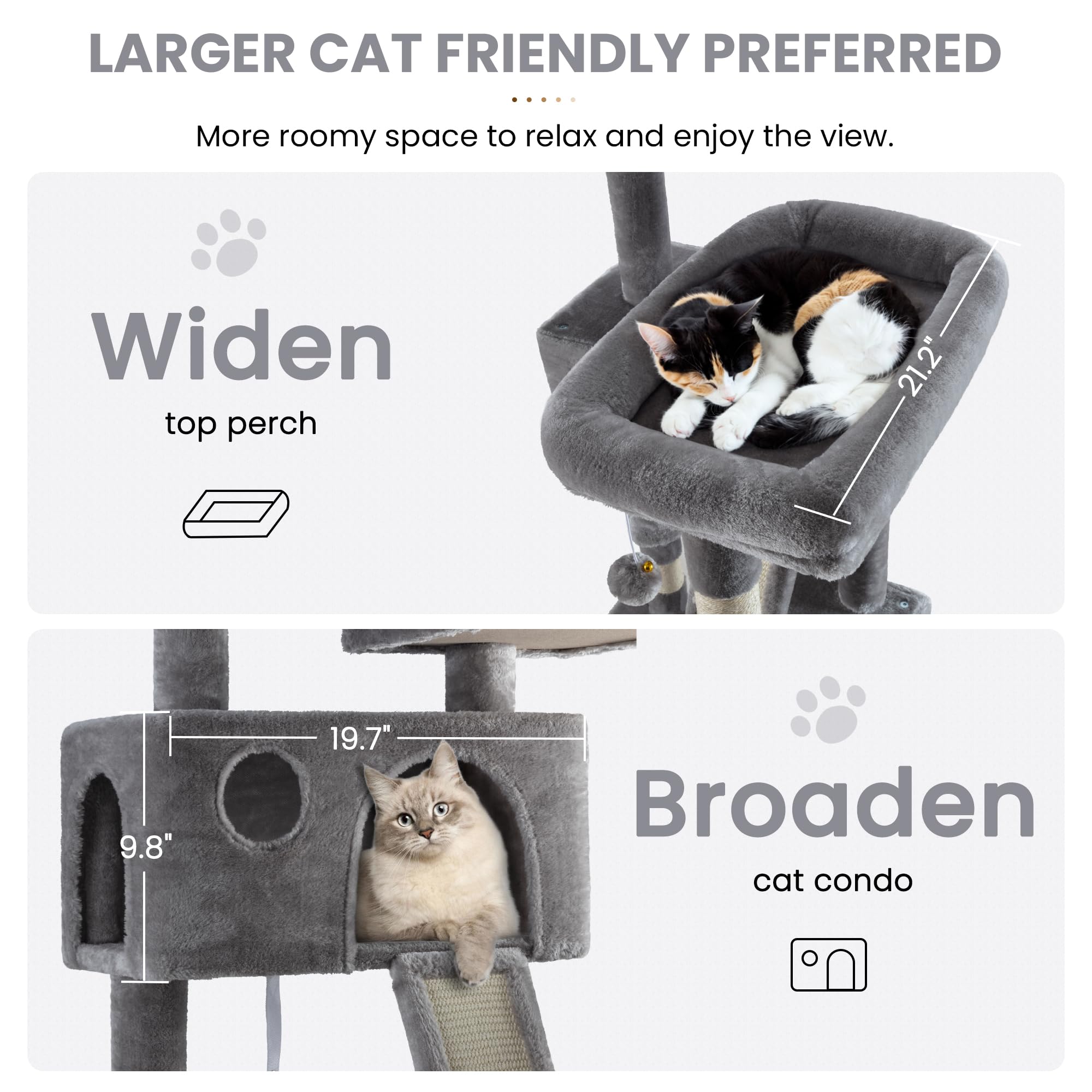 Sha Cerlin 65In Larger Cat Tree Tower Condo For Indoor Kitties/Multi-Level Furniture Activity Center With Wide Base/Cozy Plush Cat Perches/Baskets/Sisal Scratching Posts And Hammock/Grey