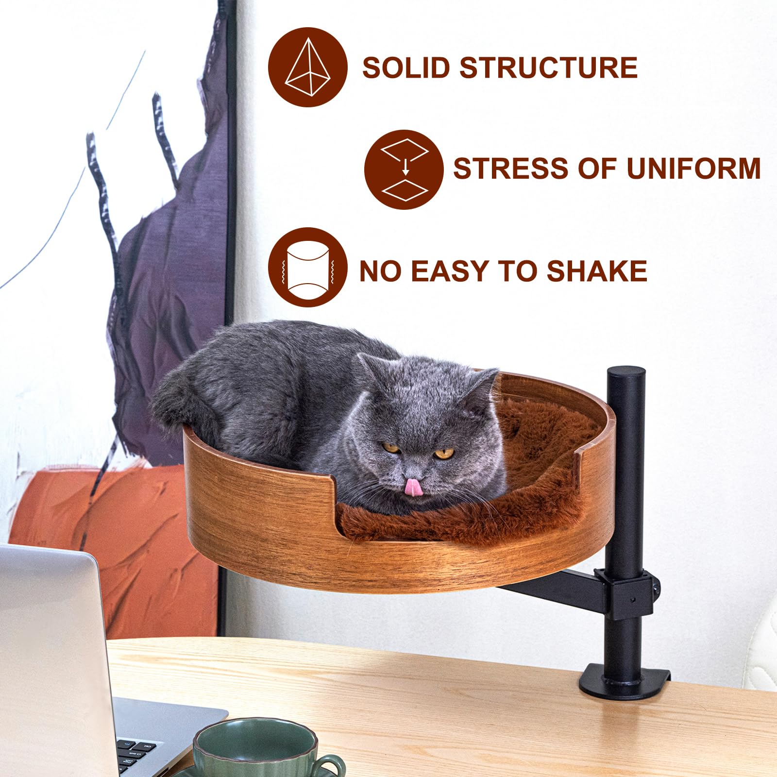 Zbuq Cat Bed Desk With Pet Mat, Cat Hammock For Desk, Cat Bed Desk With Wooden Bowl, 360 Rotation And Adjustable Height, Coffee