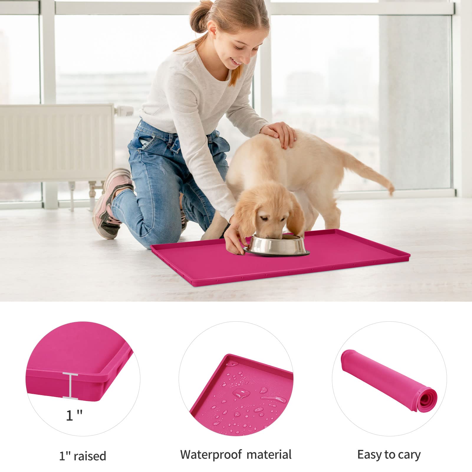 EIOKIT Dog Food Mat,Silicone Waterproof Food Tray,Non Slip Pet Bowl Mats Placemat,1  Raised Edge,Suitable for Most Small and Med