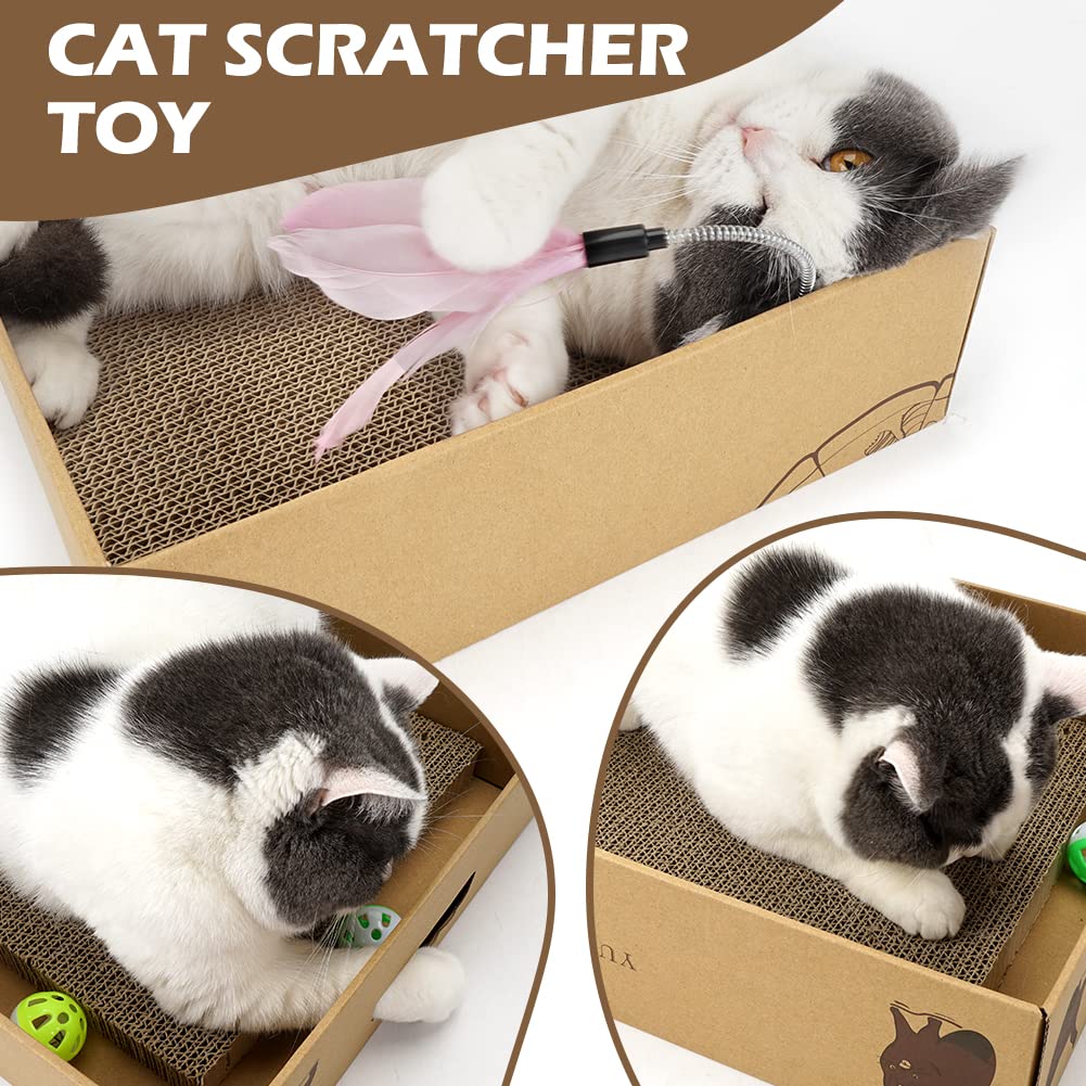 2 Pack Cat Scratcher Box With 3 Pcs Scratching Pads, Reversible Corrugated Cardboard Lounge Bed With Feather Toy And Balls Recyc