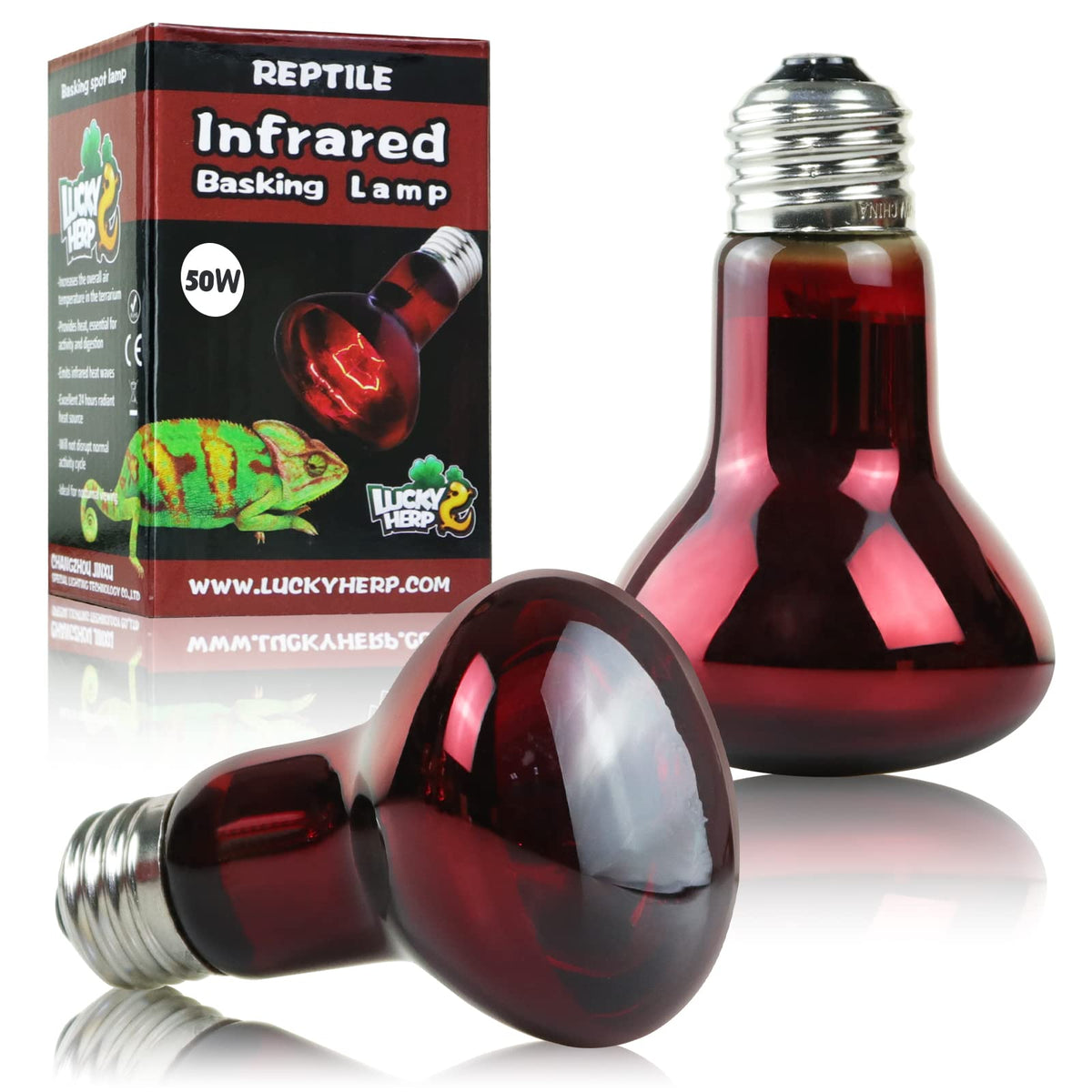 LUCKY HERP 50W Reptile Heat Lamp Bulbs 2 Pack, Reptiles & Amphibians Infrared Basking Spot Lamp, Heat Light Bulb for Turtle, Bea