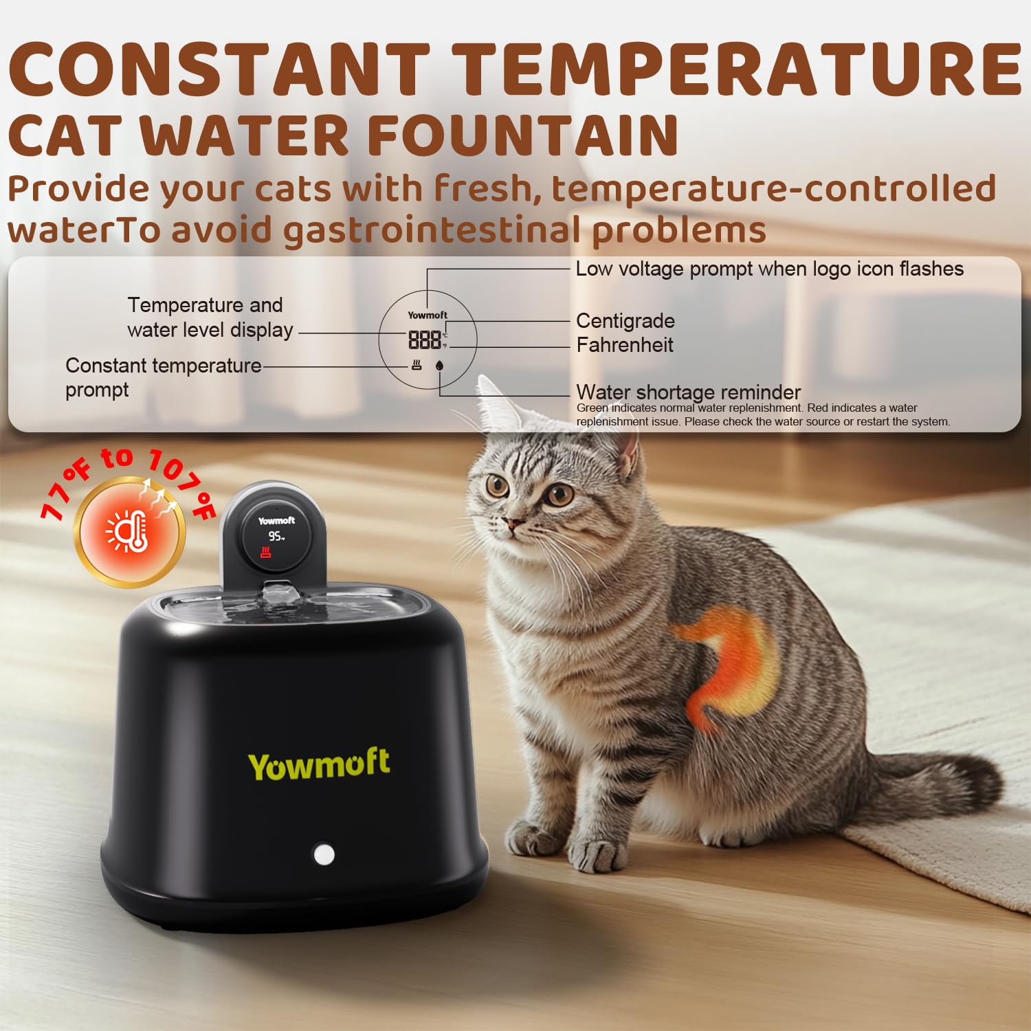 Constant Temperature Wireless Cat Water Fountain, 2.5L/84Oz Water Fountains For Cats Indoor With Quiet Pump & 4 Filters, Cat Fou