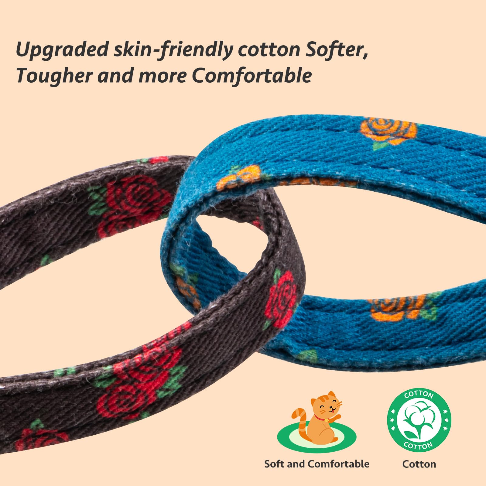 2 Pack Cotton Breakaway Cat Collar Blue And Black Rose Pendant Cute Kitten Cat Collar With Bell