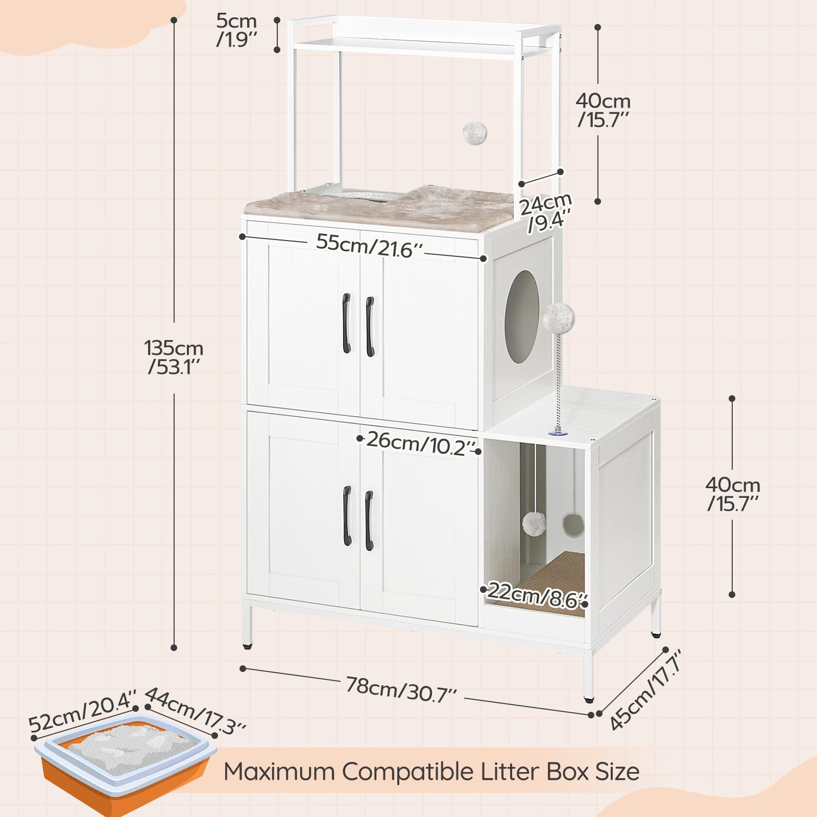 HOOBRO Cat Litter Box Enclosure, 2-in-1 Furniture with Storage, Engineered Wood, White, 30.7"L x 17.7"W x 53.1