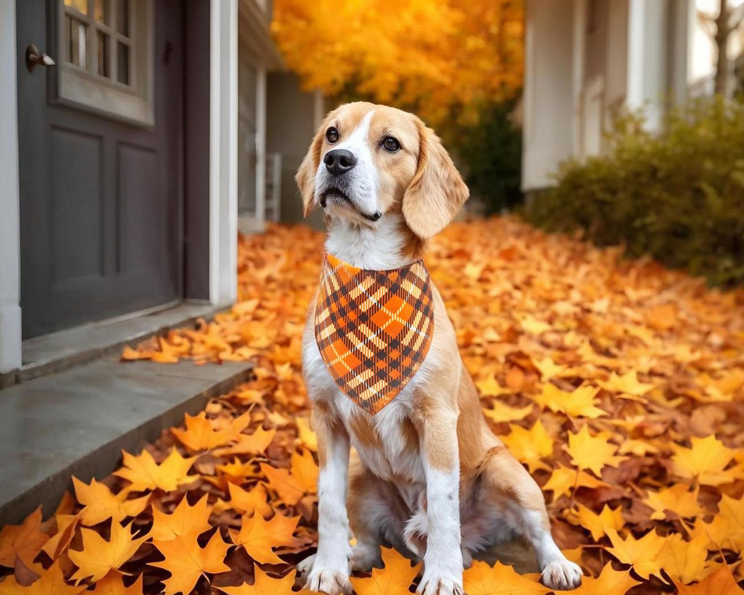 2Pcs Fall Dog Bandanas,Halloween Dog Bandanas,One Side Orange Plaid,The Other Side Pumpkin Or Spider Web Bibs,Holiday Pet Scarf