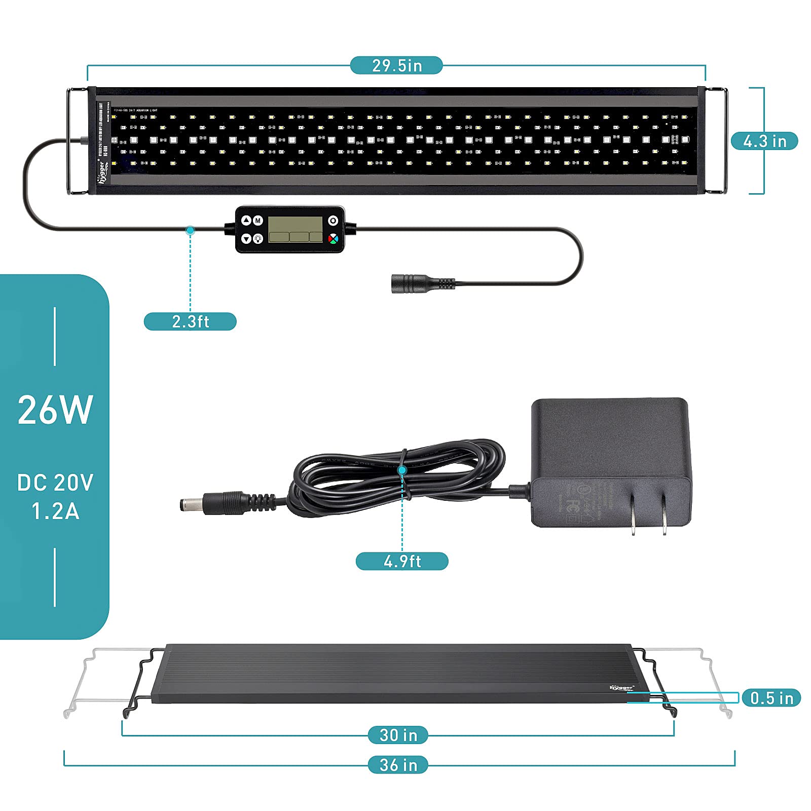 Hygger Auto On Off Led Aquarium Light, Full Spectrum Fish Tank Light With Lcd Monitor, 24/7 Lighting Cycle, 7 Colors, Adjustable Timer, Ip68 Waterproof, 3 Modes For 30'-36' Freshwater Planted Tank