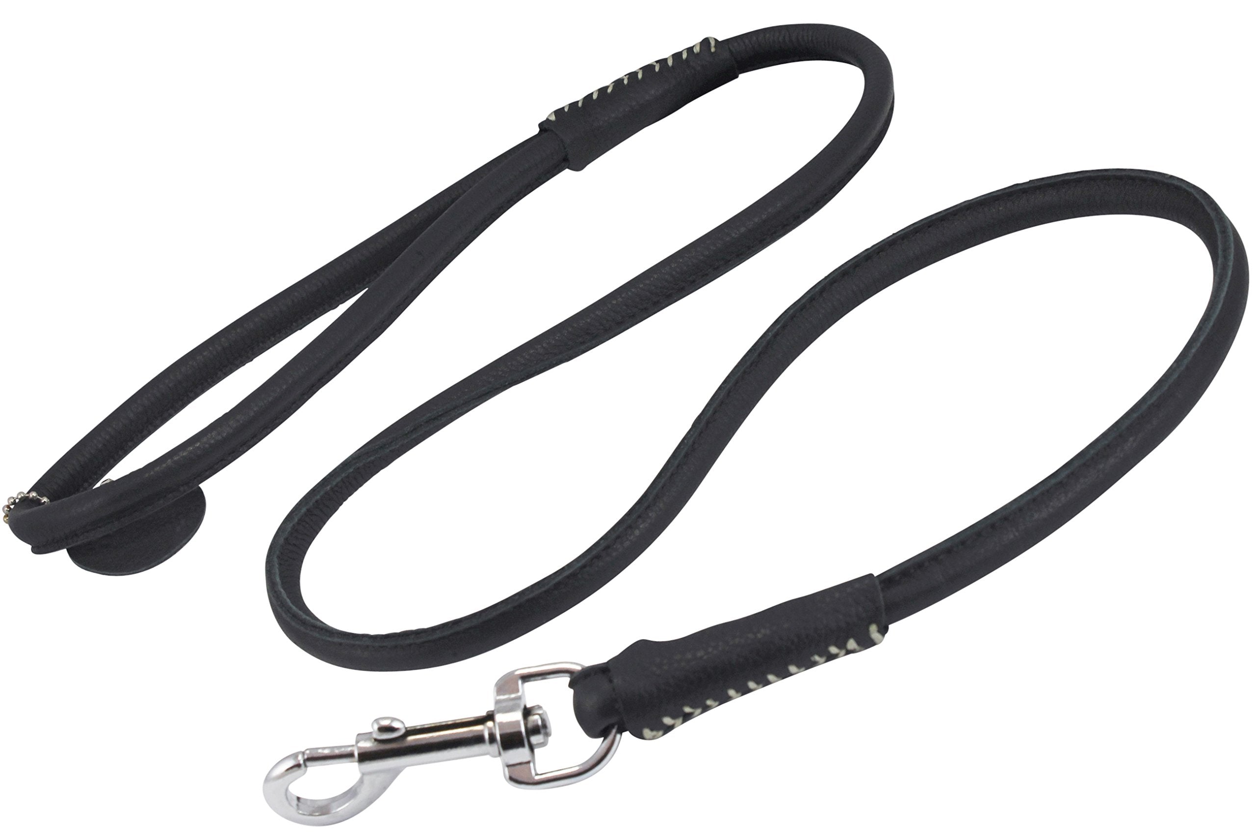 Round Genuine Rolled Leather Dog Leash 4' Long 1/2' Wide Black For Medium Breeds