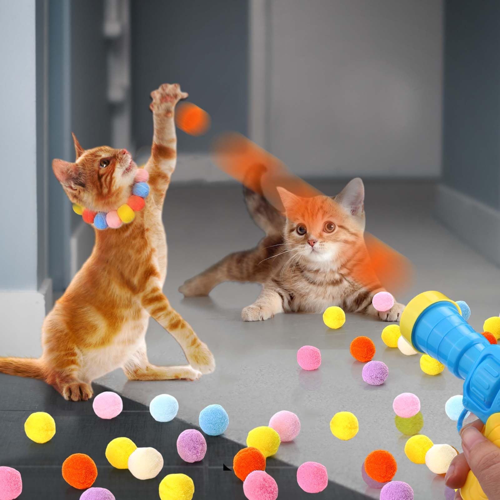 Aiersa Interactive Cat Toys - 100Pcs Pom Pom Balls With Launcher Set For Indoor Cats, Kitten Enrichment