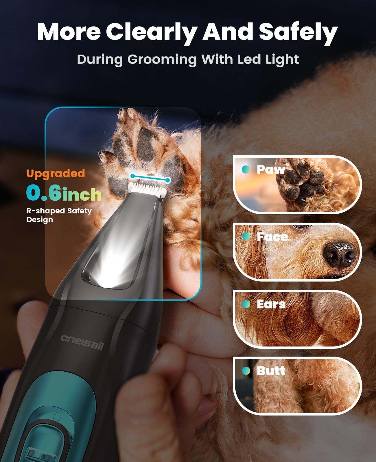 oneisall Silent Dog Clippers for Grooming, LED Light Dog Paw Trimmer Dog Nail Grinder, Rechargeable 2000mAh Dog Grooming Clipper