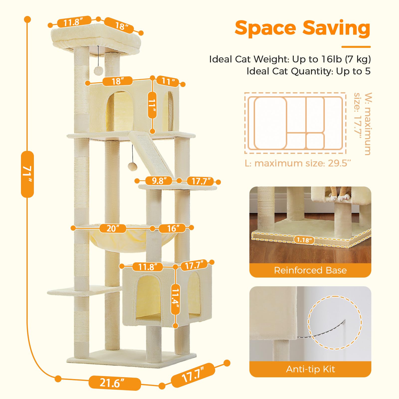 Uymi 71 Inch Tall Cat Tree For Indoor Cats Large Adult, Multi-Level Cat Tower With Extra Large Hammock, 2 Cat Caves, Spacious To