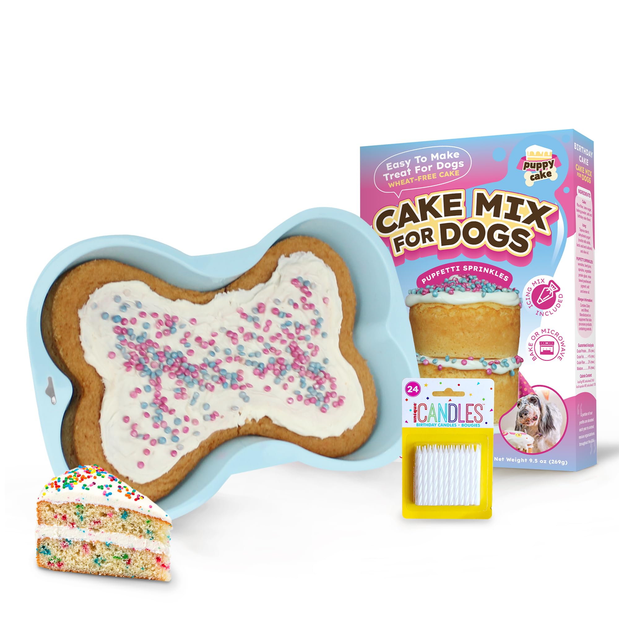 Puppy Cake Mix Dog Birthday Cake Kit, with Bone Silicone Pan and Candles (Birthday Cake, Blue) Made in USA