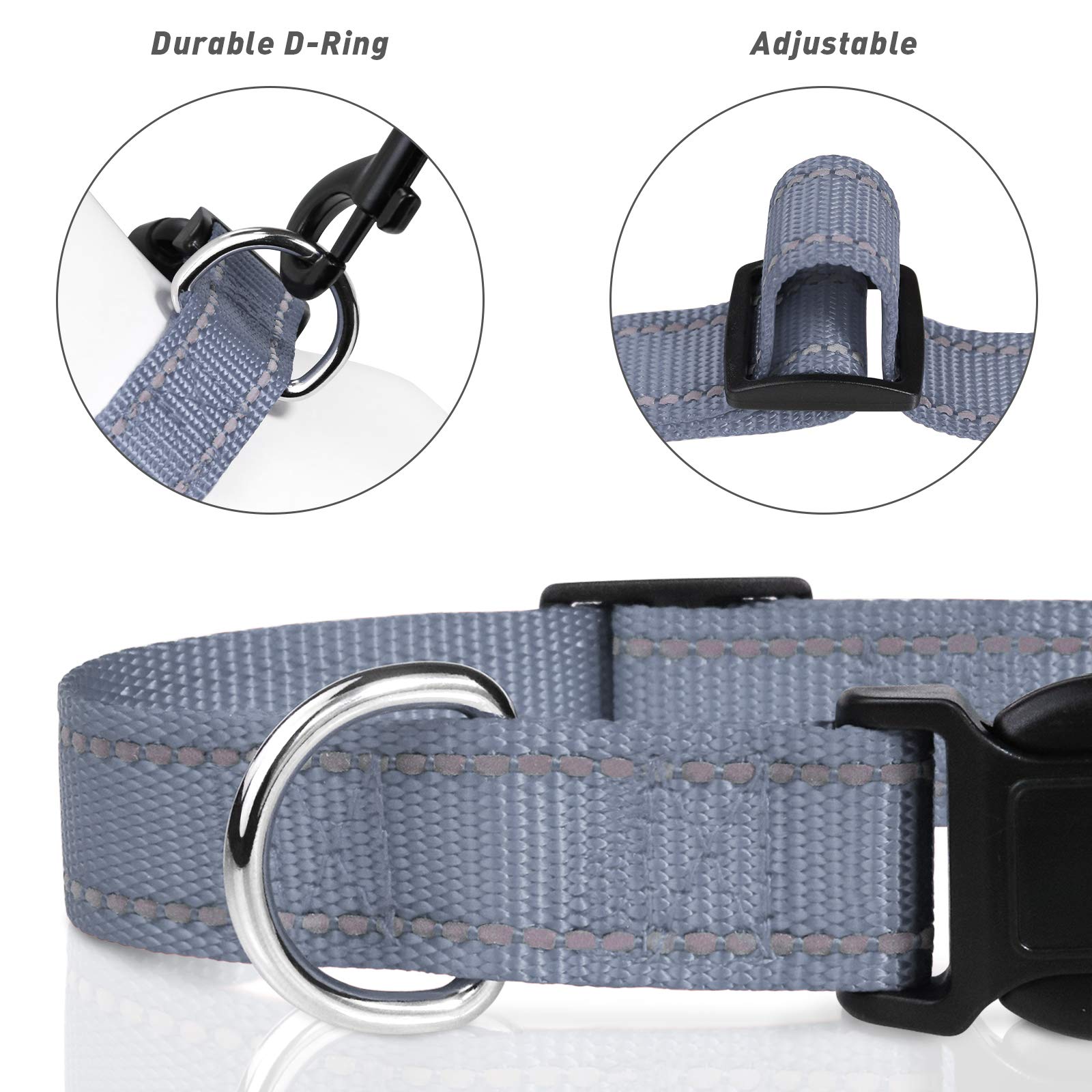 Tagme Reflective Nylon Dog Collars, Adjustable Classic Dog Collar With Quick Release Buckle For Large Dogs, Grey, 1.0' Width