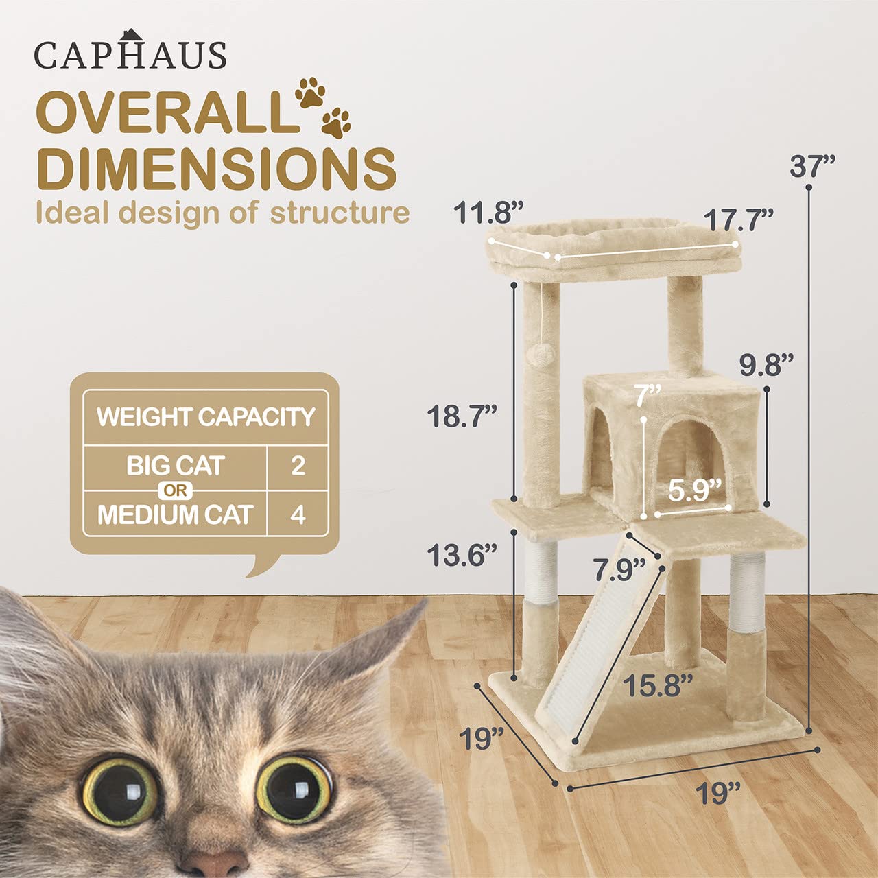 Caphaus Cat Tower For Indoor Cats, Modern Cute 37-Inch Small Cat Tree With Widened Perch For Large Cats Kittens, Multi-Level Cat