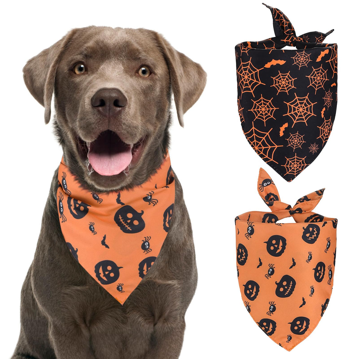 Kytely Halloween Dog Bandanas 2 Pack, Reversible Triangle Dog Bandanas For Boy And Girl, Multiple Sizes Offered, Pumpkin And Spider Web Bibs Fall Pet Scarf, Premium Durable Fabric (Large)