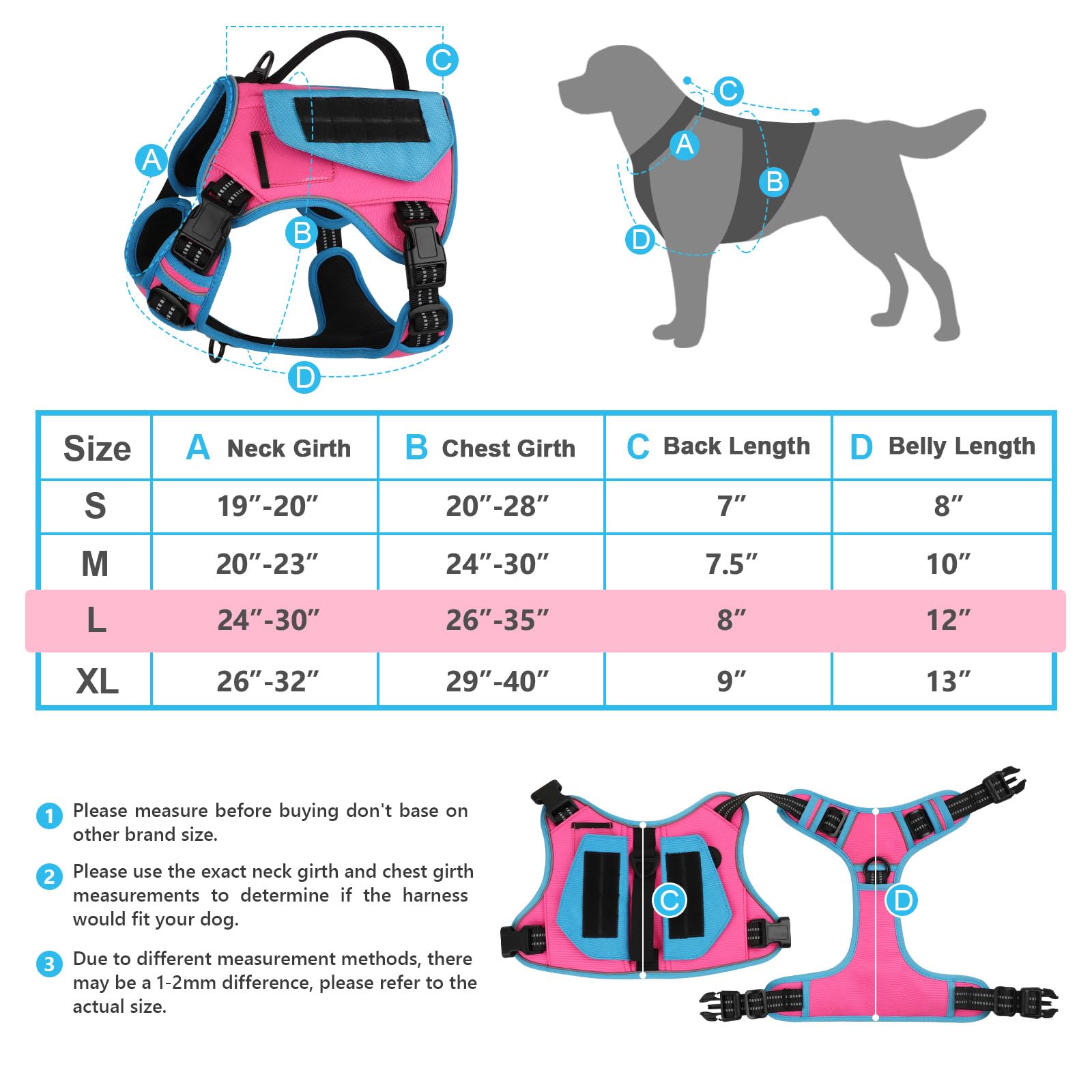 Wingoin Tactical Dog Harness For Large Dogs, No Pull Harness With Handle Pockets Poop Bag, Reflective Dog Vest, Military Service Heavy Duty Big Dog Harness For Walking Hiking Training, Pink Blue, L