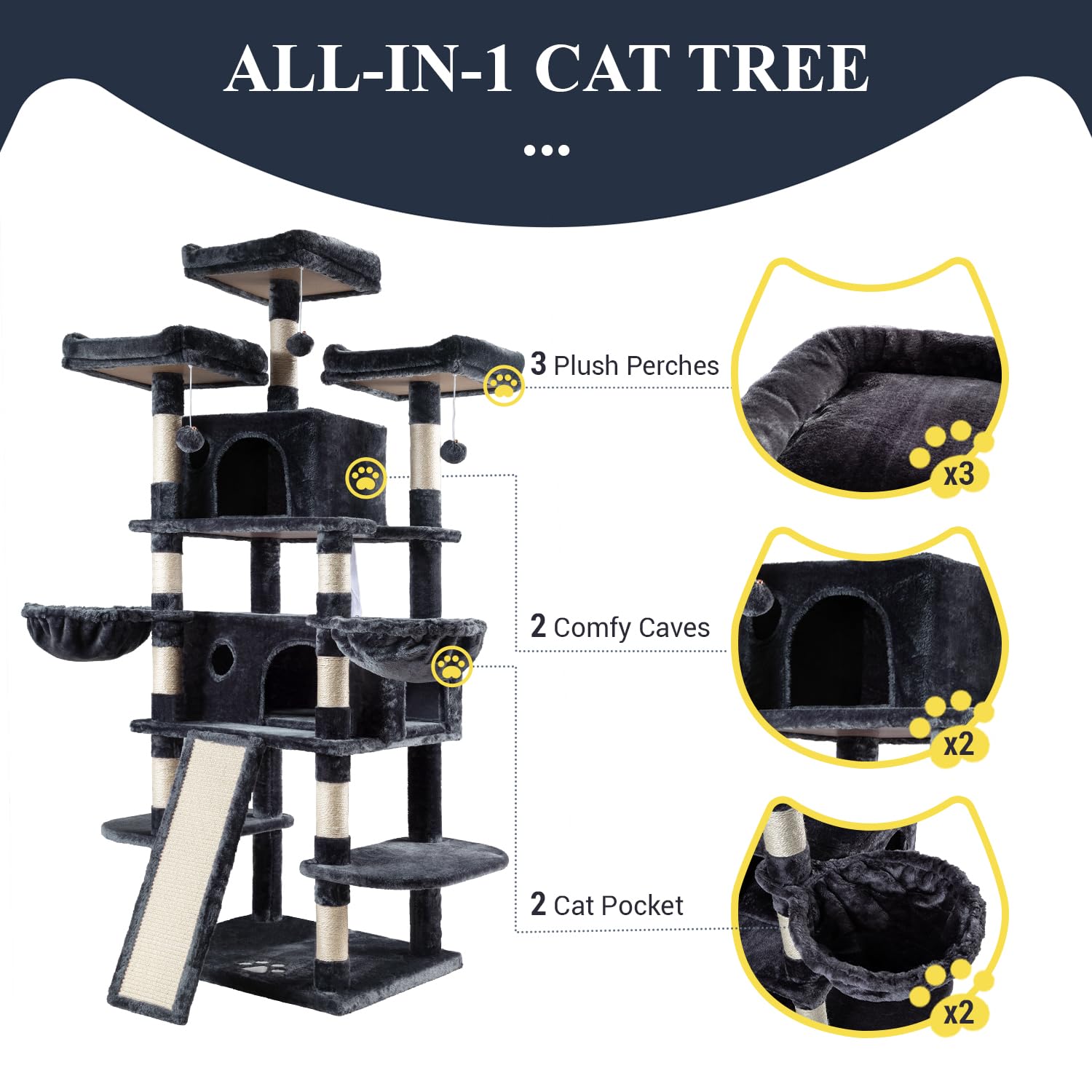 Allewie 68 Inches Cat Tree/House And Towers For Big Feline/Scratching Post/Multi-Level Large Kitty Climbing Tree With Condo/Smok