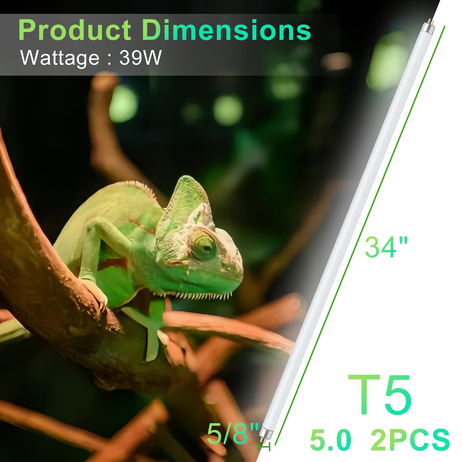 LUCKY HERP 2 Pack T5 UVB 5.0 Reptile Light 39W, UVA UVB Fluorescent Lamp Tube, UVB Lighting Bulb for Turtles, Chameleon, Tortois