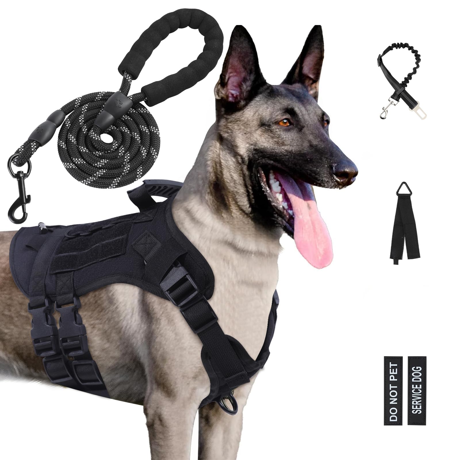 Yungaspy No Pull Tactical Dog Harness for Large Dogs, Escape Proof Molle Dog Vest Harness and Leash Set, Adjustable Military Ser