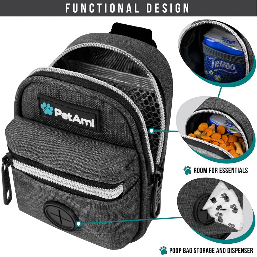 Petami Dog Poop Bag Holder | Dog Waste Bag Dispenser With Clip For Leash And Belt | Portable Fabric Doggy Waste Bag Holder For Walking Hiking Running Travel - With One Roll Of Dog Bag (Charcoal Gray)