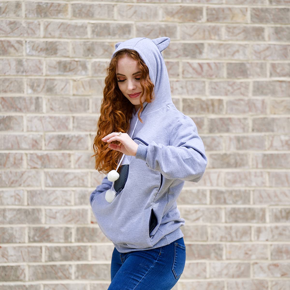 Alyc Unisex Hoodies Pet Holder Cat Dog Large Pouch Carriers Pullover With Cat Printing Sweatshirt (Light Grey-M)