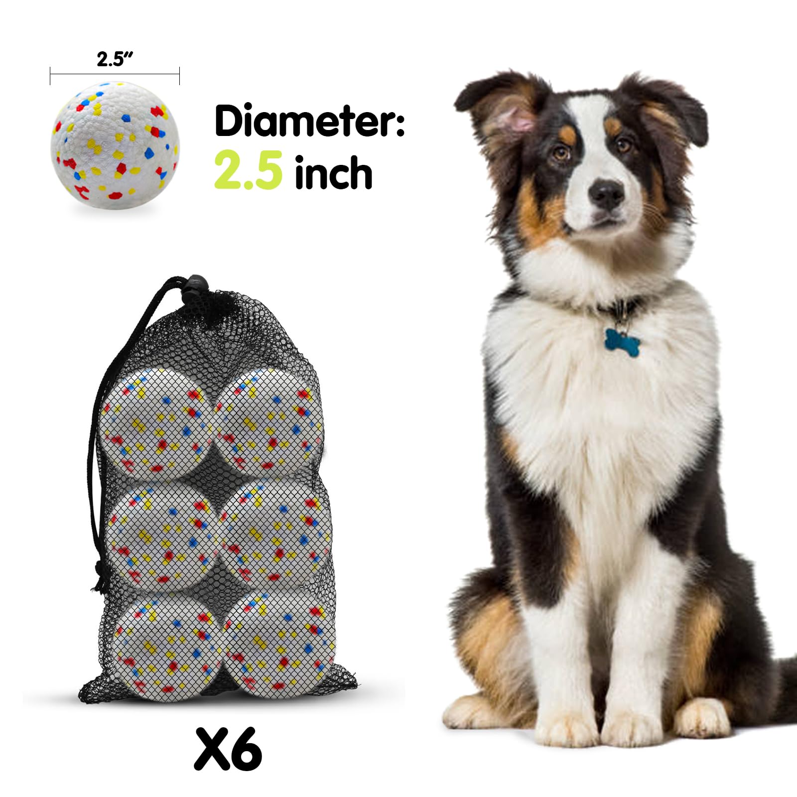 Mekaple Dog Balls 2.5 Inch, Indestructible Dogs Tennis Balls 6 Pack For Aggressive Chewers, Durable Bouncy Floating Interactive