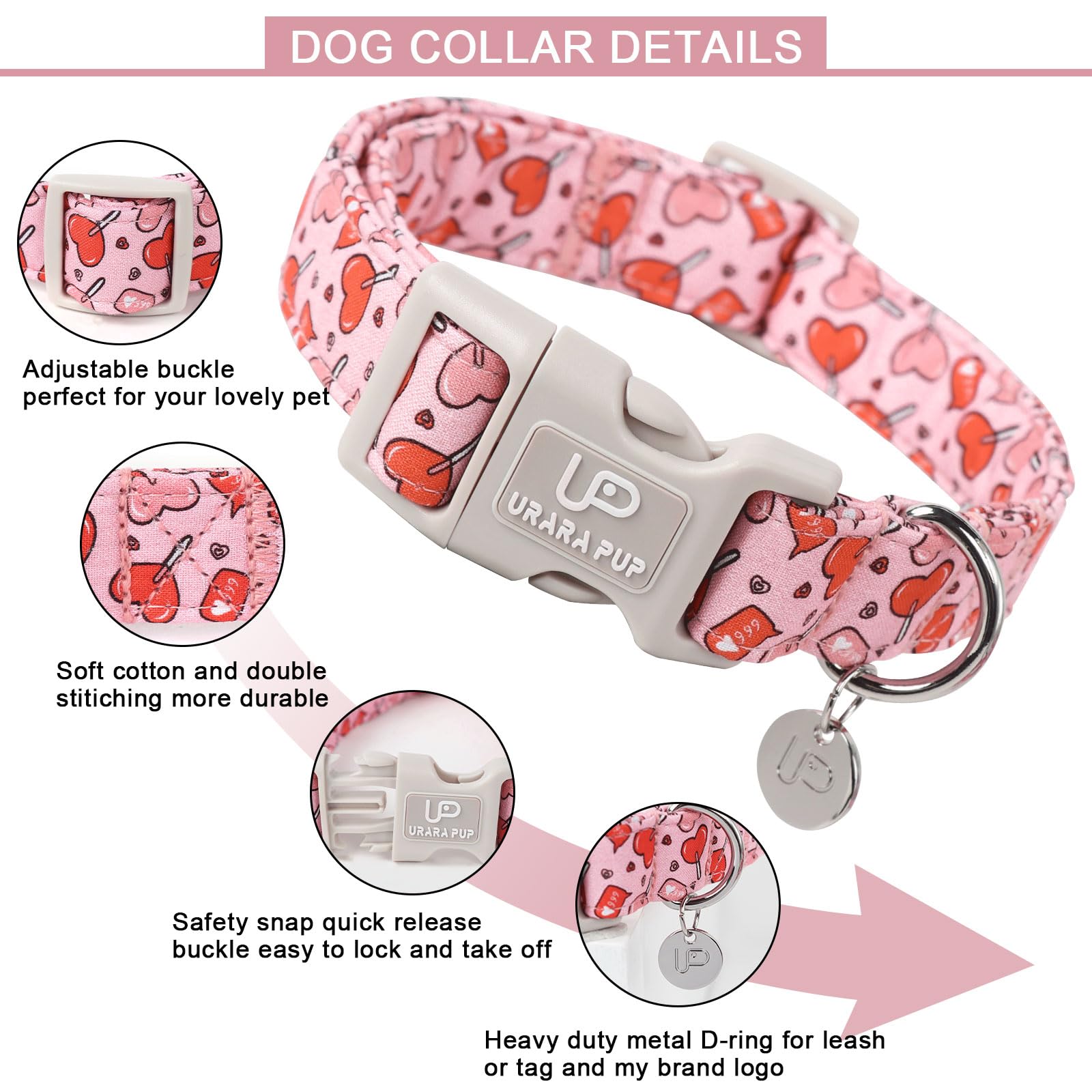 Up Urara Pup Pink Heart Dog Collar, Xl, Valentine'S Gift, Cotton, Extra Large, Dog