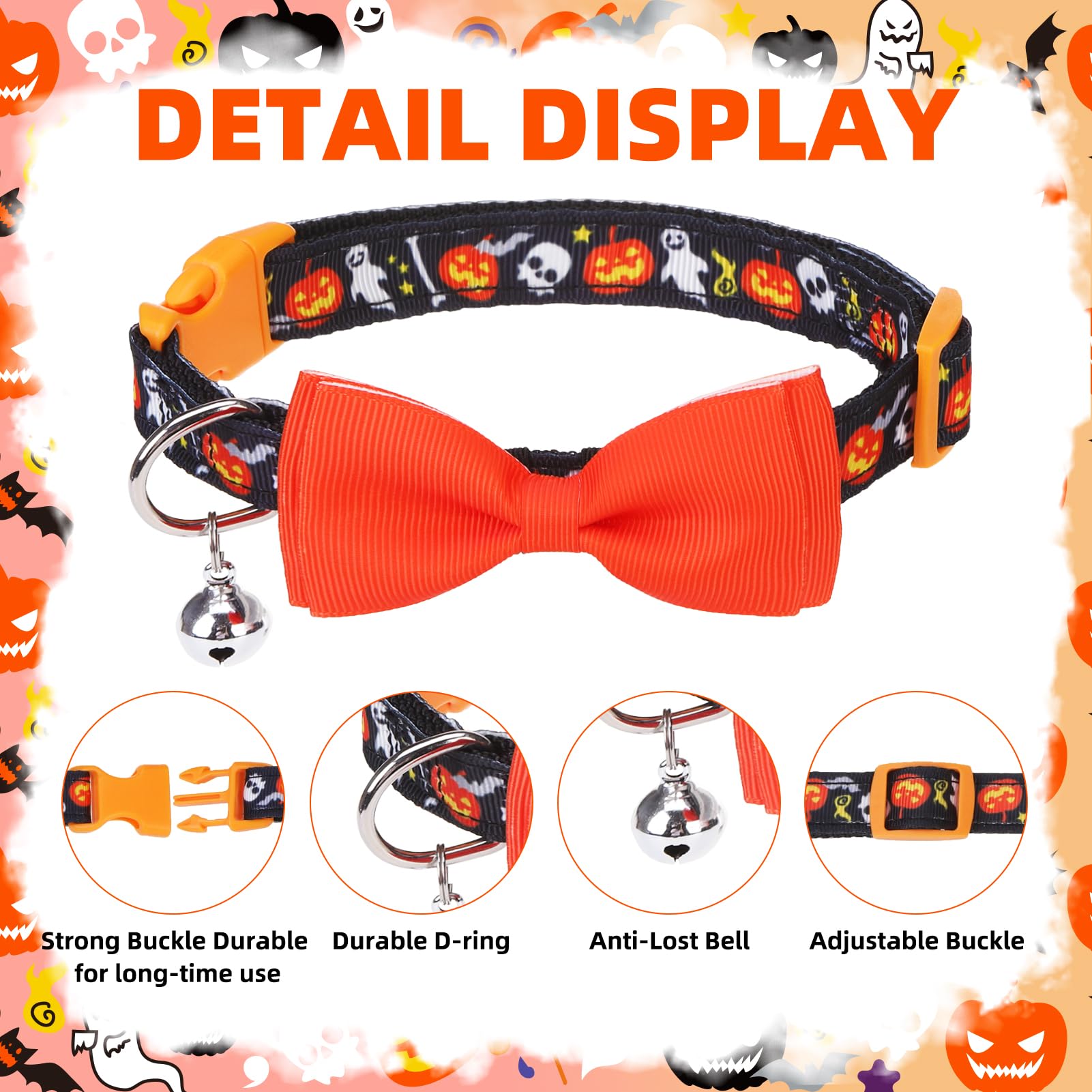 Pupteck Halloween Bowtie Dog Collar With Bell 2 Packs, Adjustable Breakaway Puppy Collar, Sweet Gift For Small Dogs Cats Pets, 11.8-15.7 In