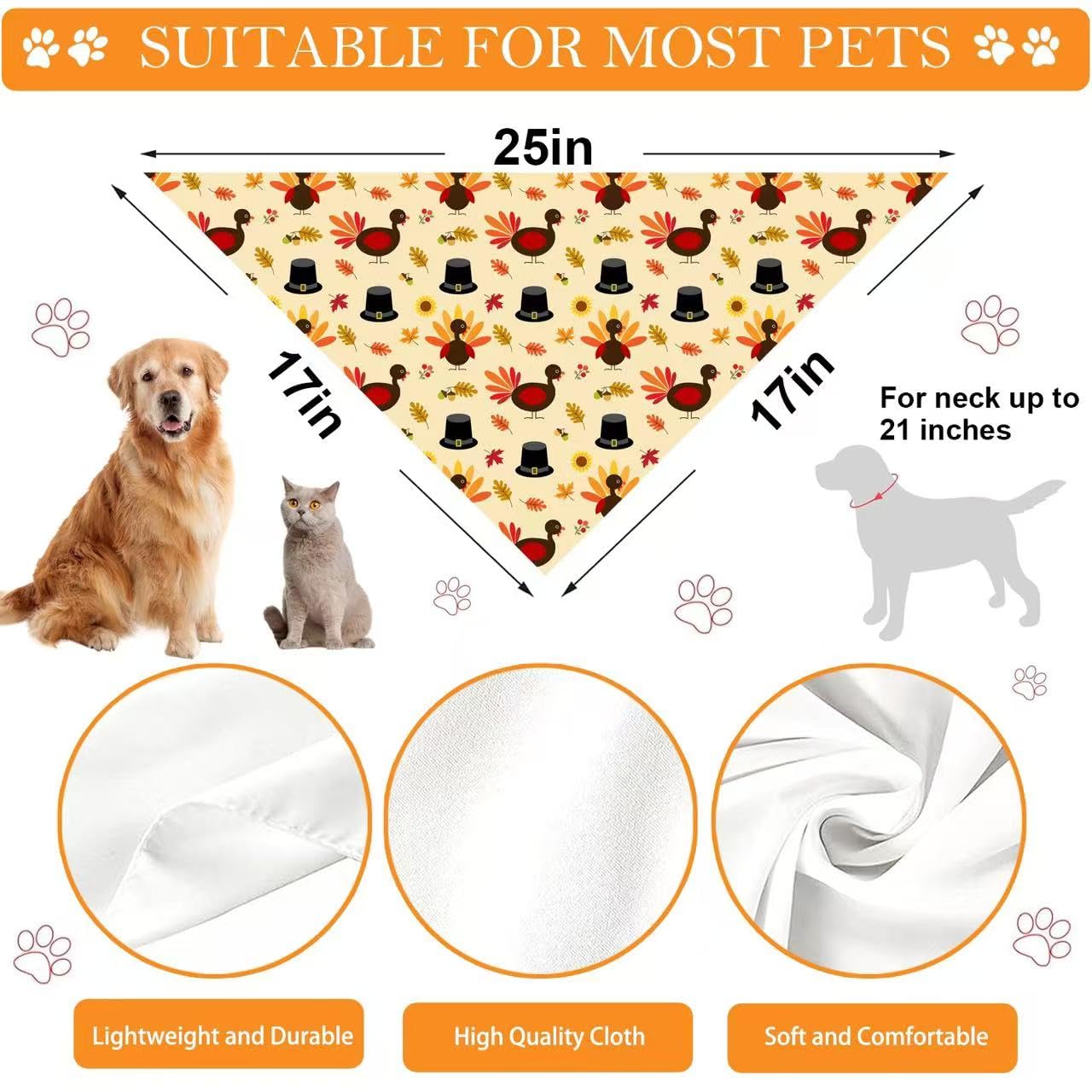 Thanksgiving Dog Bandana, Pumpkin Turkey Dog Scarf, Fall Autumn Leaves Dog Thanksgiving Bandanas for Medium Large Dogs Pets