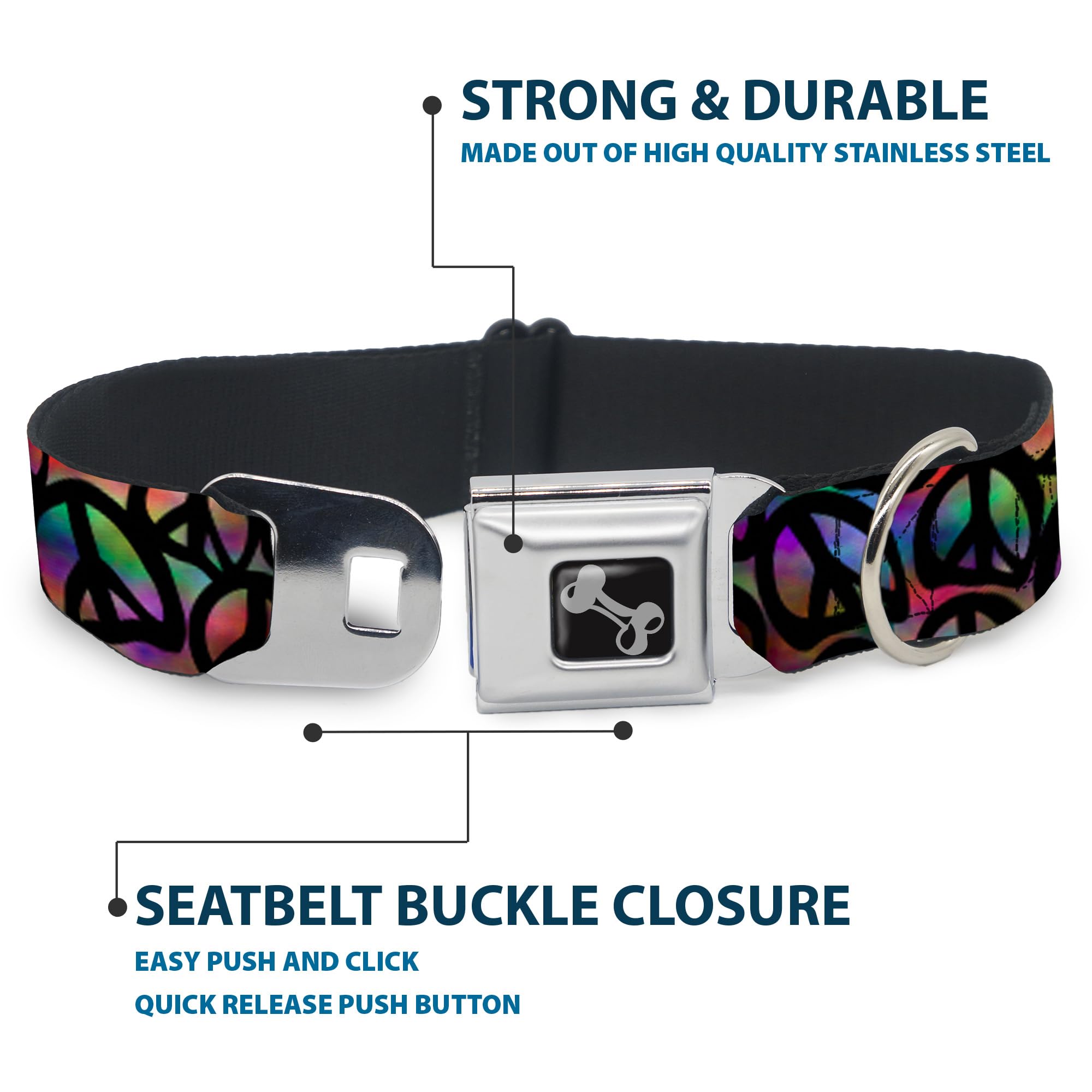 Buckle-Down Seatbelt Buckle Dog Collar - Peace Psychedelic - 1.5' Wide - Fits 13-18' Neck - Small