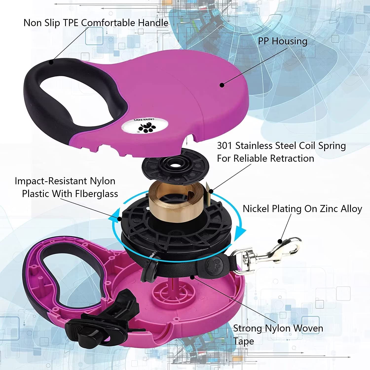 Crown Paws 16 Ft Retractable Dog Leash For Large Dogs Up To 44 Lbs,Tangle-Free Nylon Tape,Pink Dan M