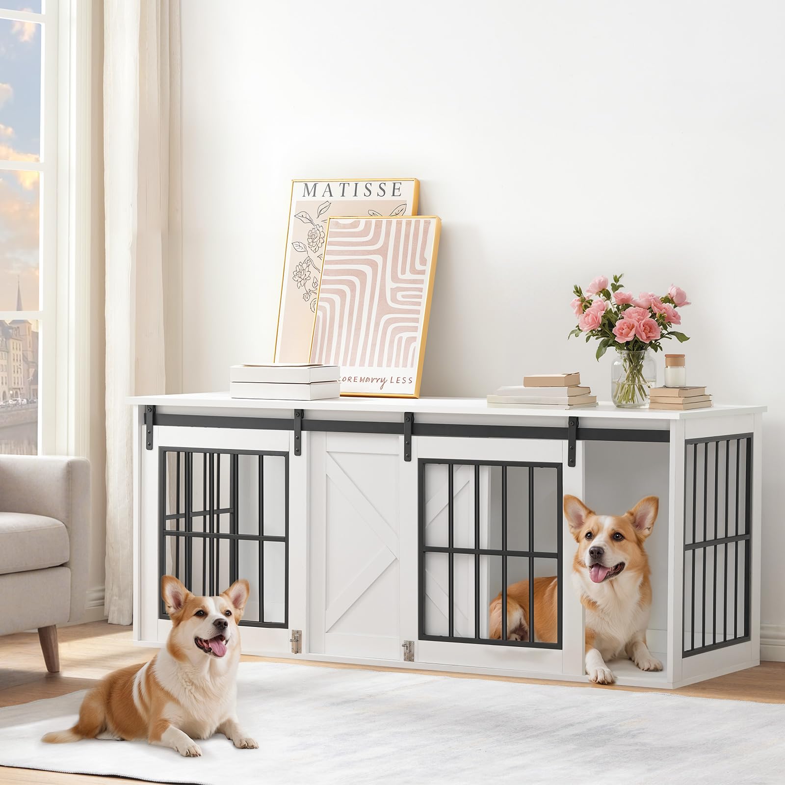 MAHANCRIS Dog Crate Furniture for 2 Dogs, 63 Heavy Duty Dog Kennel with Sliding Barn Door, Wooden Double Dog Crate with Divider 