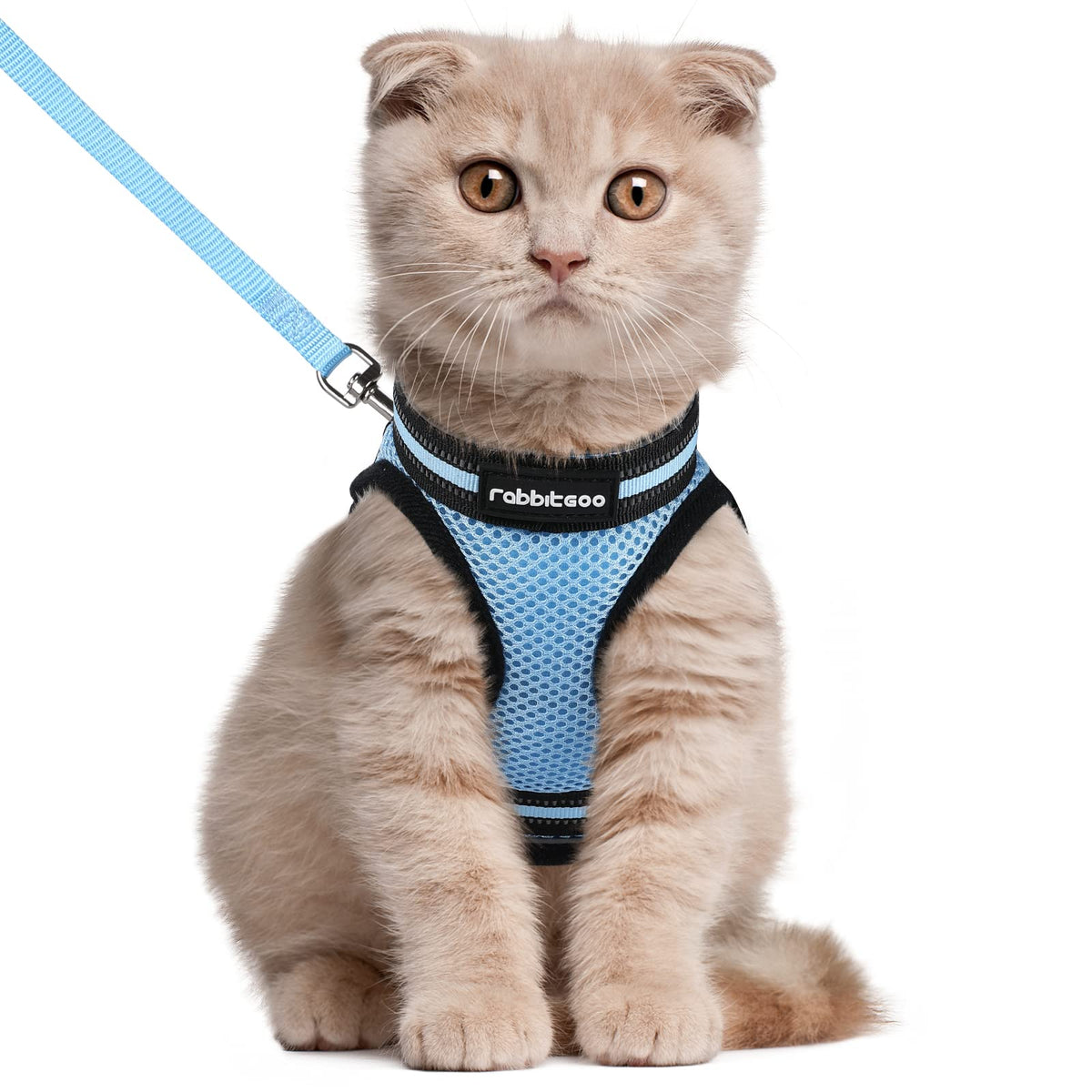 Rabbitgoo Cat Harness And Leash Set For Walking Escape Proof, Adjustable Soft Kittens Vest With Reflective Strip For Cats, Comfortable Outdoor Vest, Light Blue, L