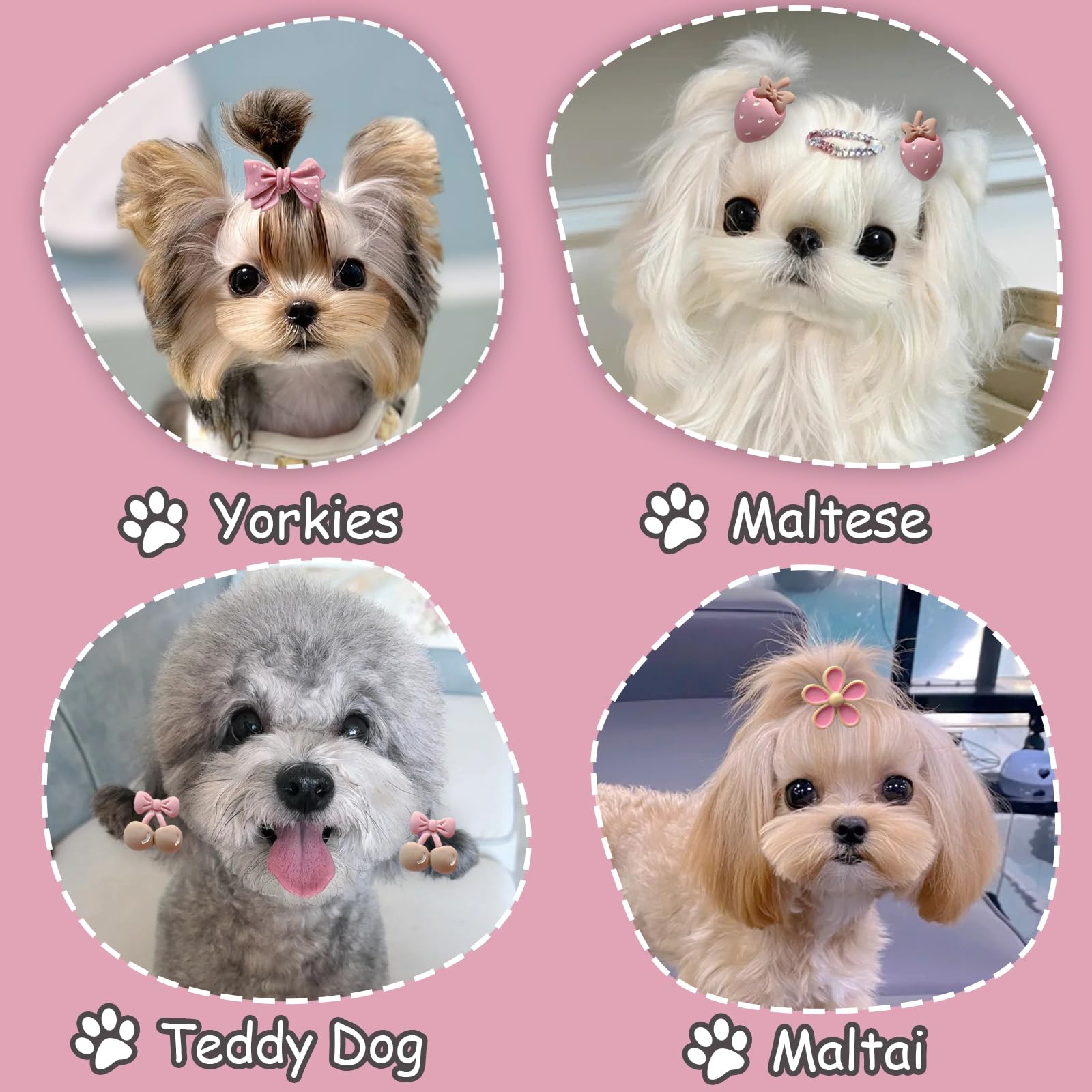 20 Pcs Light Pink Small Dog Hair Bows With Rubber Bands Puppy Bows For Ears Cute Grooming Flower Bowknot Strawberries Topknot Do