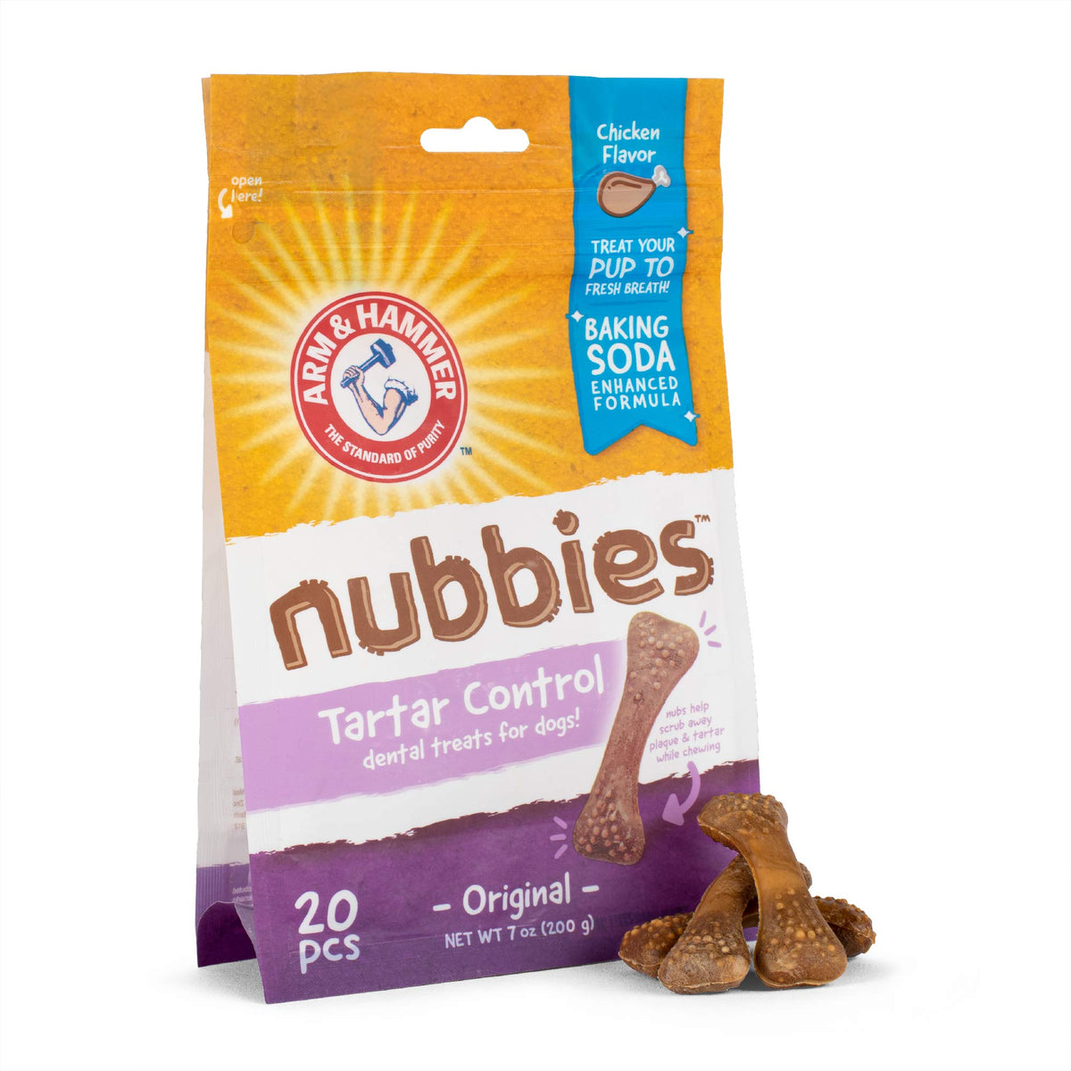 Arm & Hammer For Pets Nubbies Dental Treats For Dogs | Dental Chews Fight Bad Breath, Plaque & Tartar Without Brushing | Baking Soda Enhanced Chicken Flavor Dog Treats, 20 Pcs (Packaging May Vary)