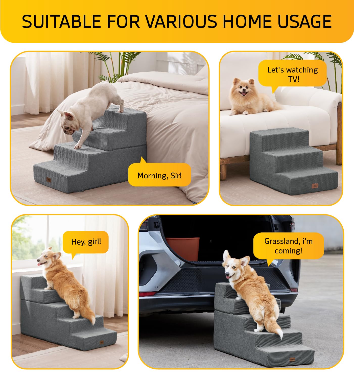 ABCPET Dog Stairs for High Bed, Dog Steps for Bed Couch Sofa, 35D Foam Extra Wide Pet Steps for Small Dogs and Cats, Pet Stairs