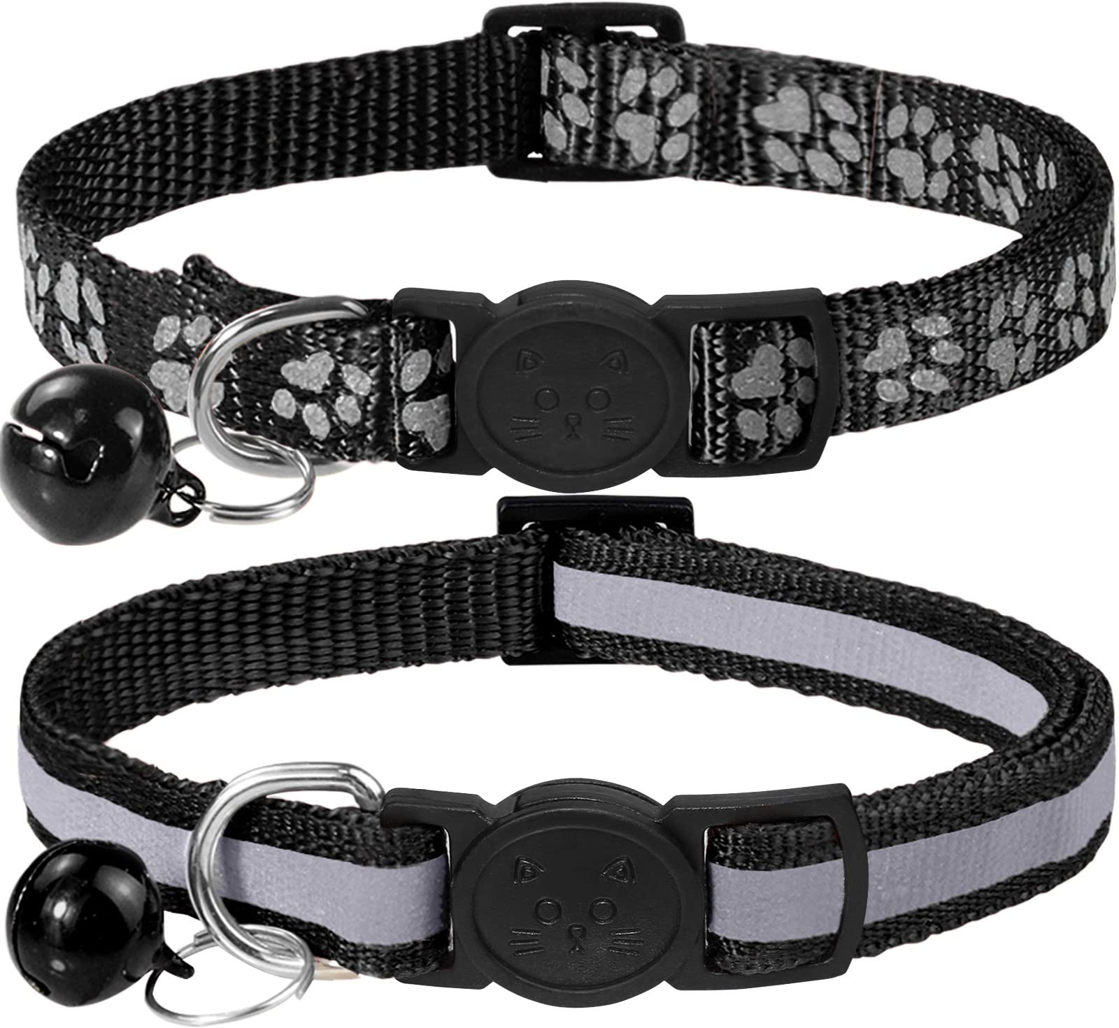 Taglory Reflective Cat Collars Breakaway With Bell, 2 Pack Girl Boy Pet Kitten Collar Adjustable 6-8 Inch, Black