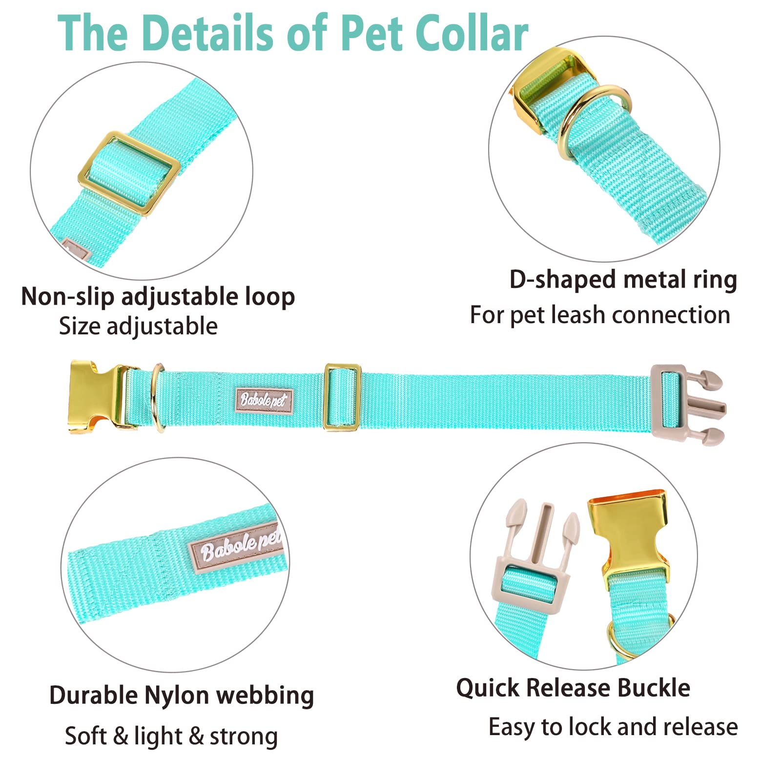 Babole Pet Nylon Dog Collar - Adjustable Lake Blue Soft Webbing Dog Collars For Small Medium Large Dogs Boy Girl Puppy Collar Wi