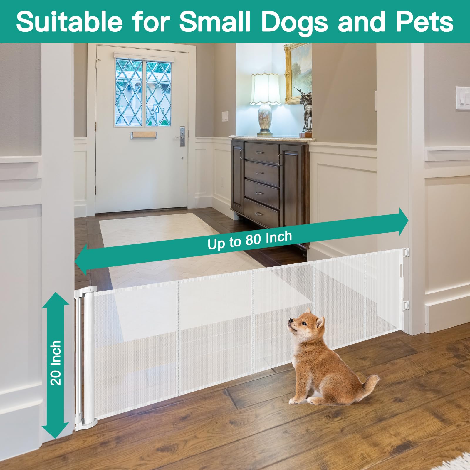 20 Inch Tall x 80 Inch Extra Wide Retractable Dog Gate for Large Openings, Easily Step Over Pet Gate, Short Dog Gate for Doorway