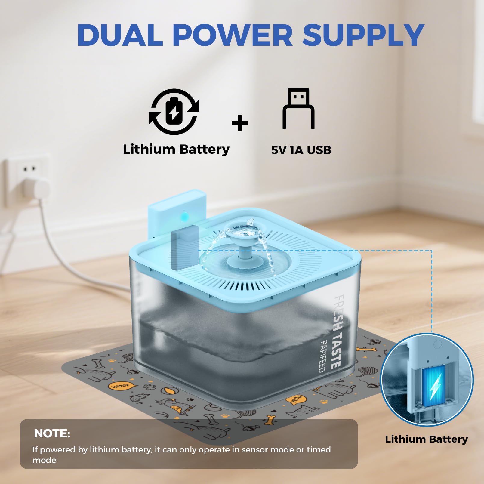 PAPIFEED Wireless Cat Water Fountain, 106oz/3L Battery Operated Pet Water Fountain Cordless for Cats Indoor, Automatic Cat Drink