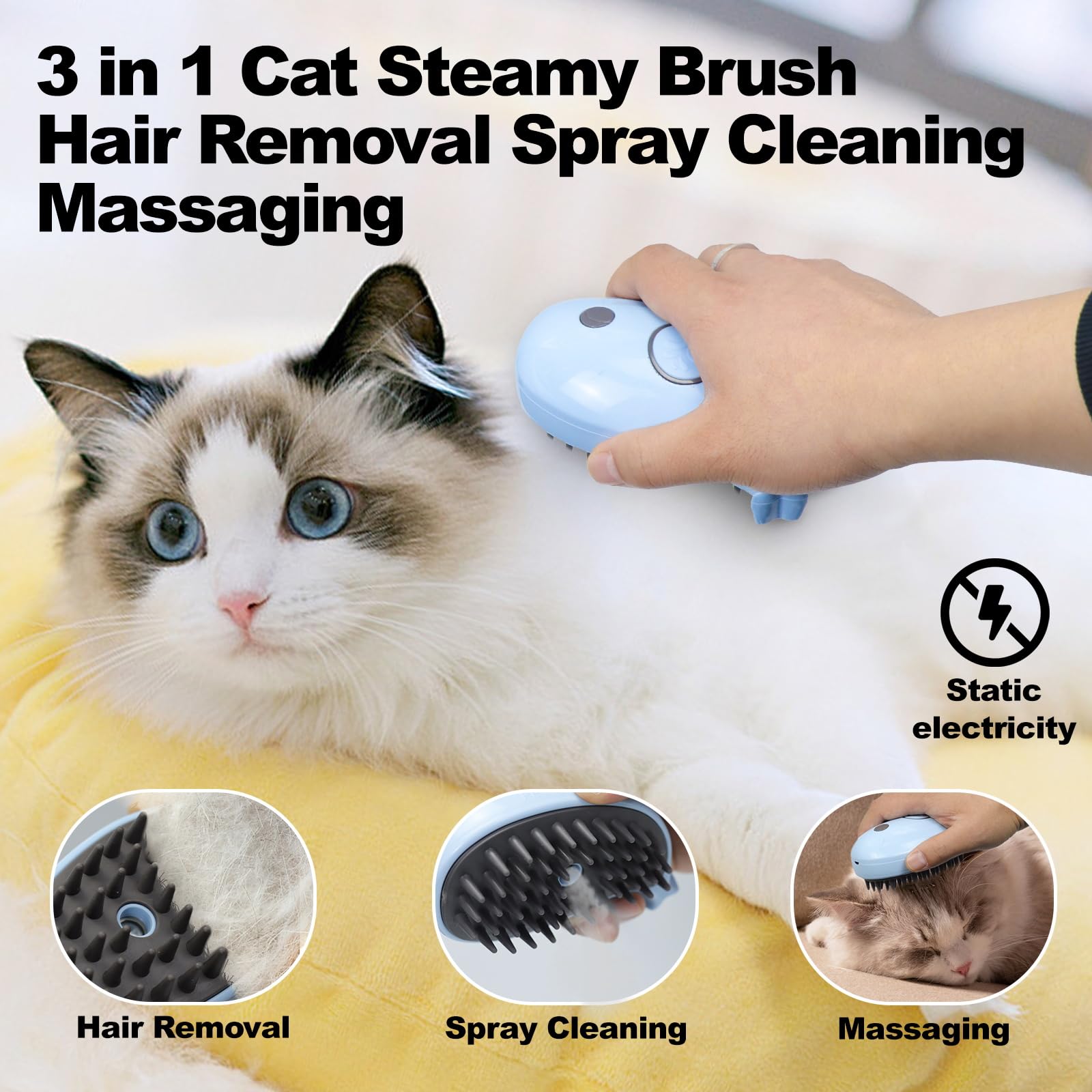 Cat Steam Brush For Shedding, Grooming With Steam, Rechargeable, Steamy Cat Brushes 3 In1, Self Cleaning Brush Massage,Clean And